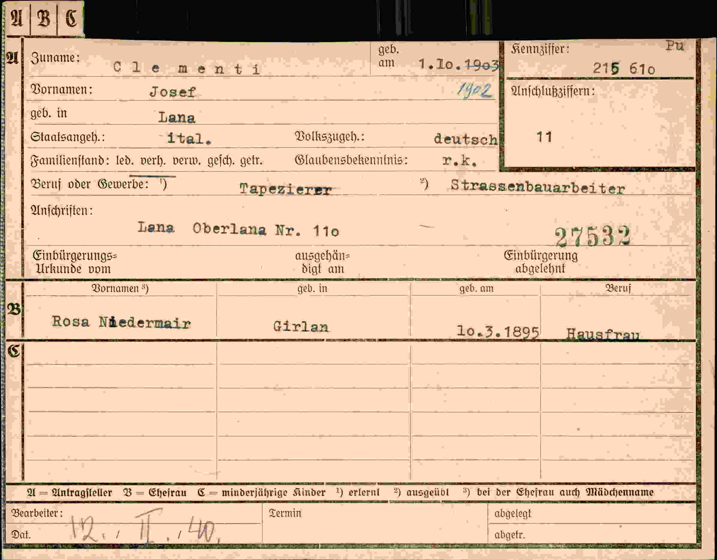 Dokument für Josef Clementi