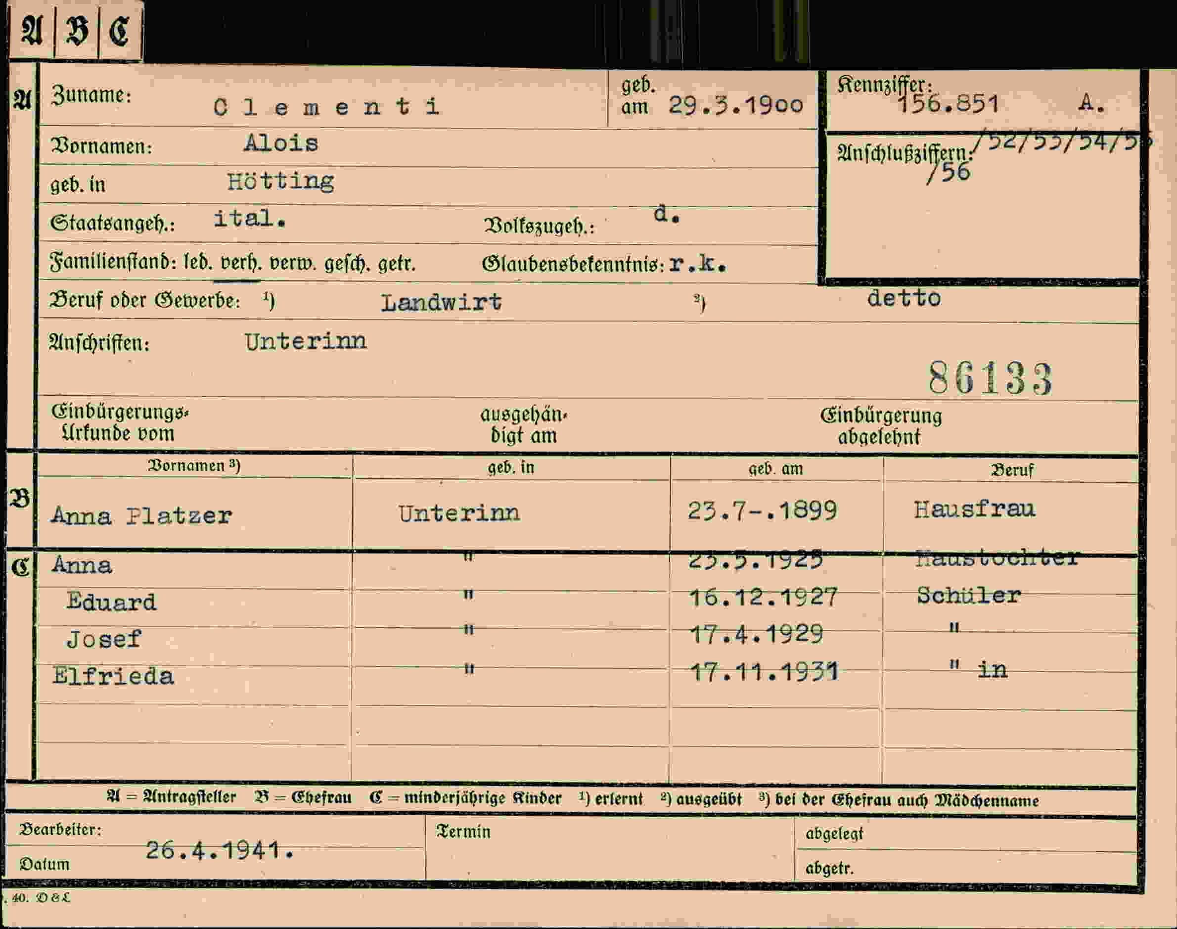 Dokument für Alois Clementi