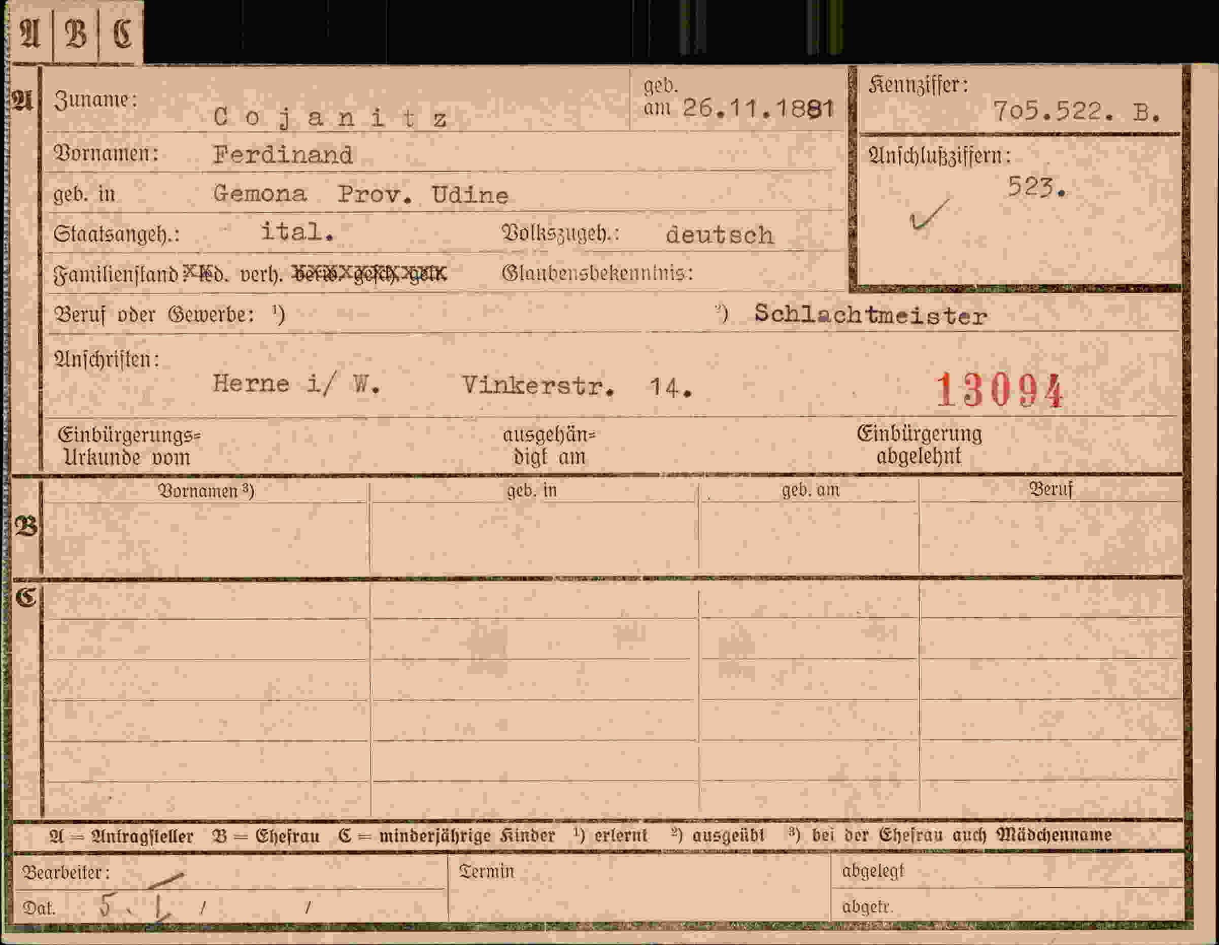 Dokument für Ferdinand Cojanitz