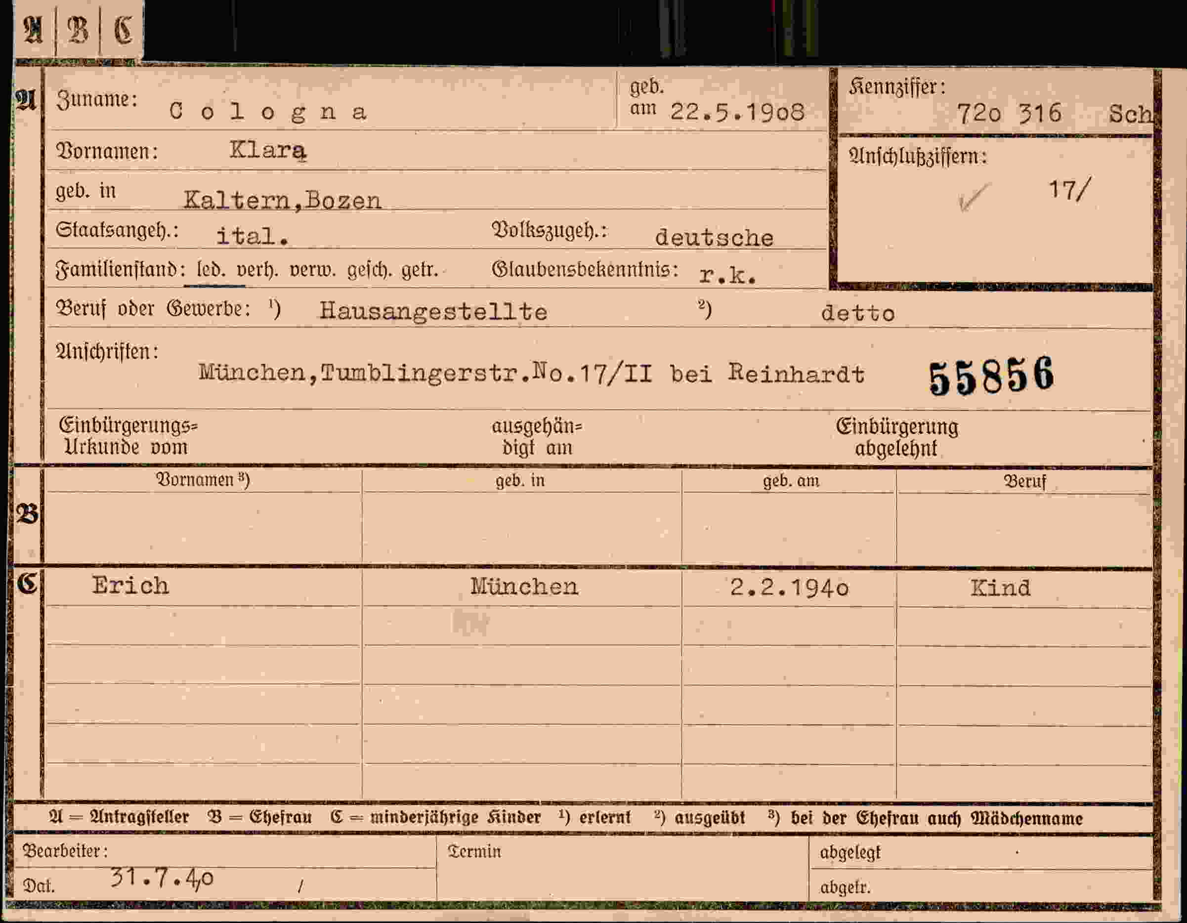 Dokument für Klara Cologna