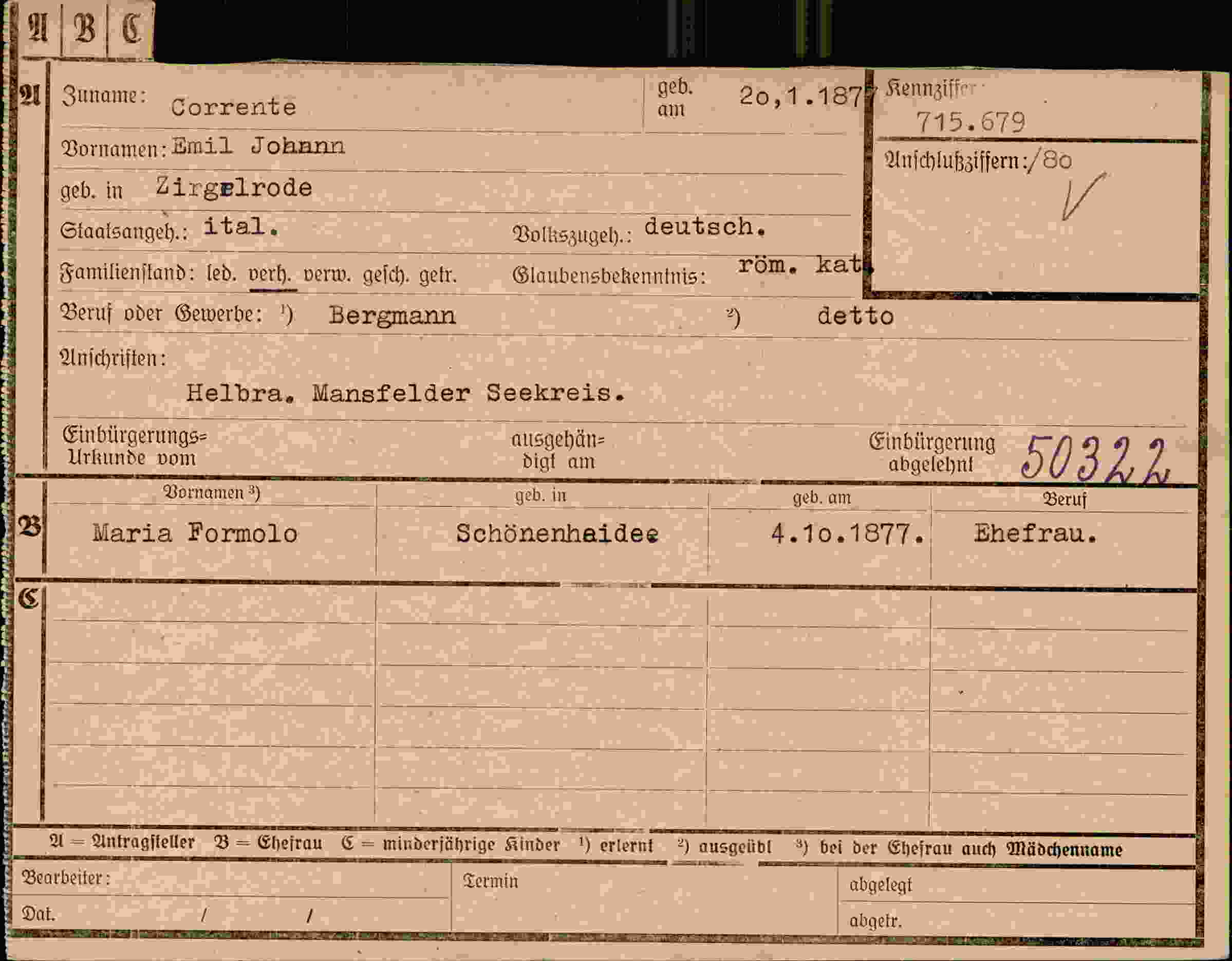 Dokument für Emil Johann Corrente