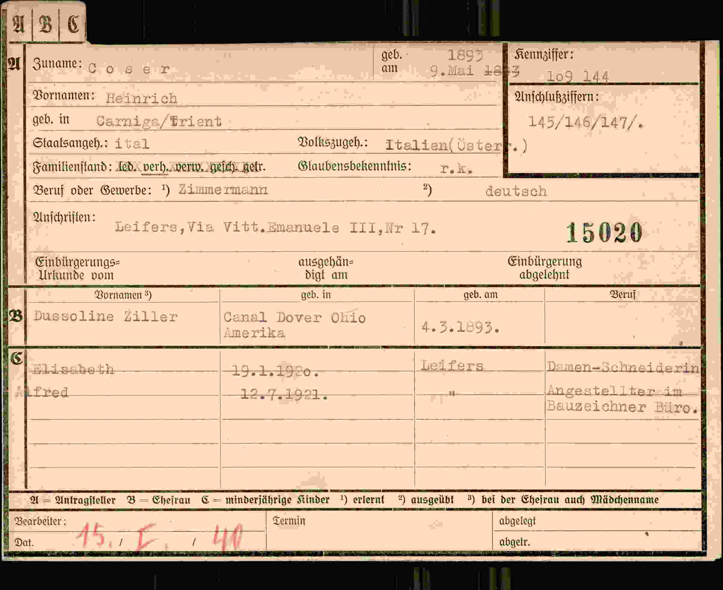 Dokument für Heinrich Coser