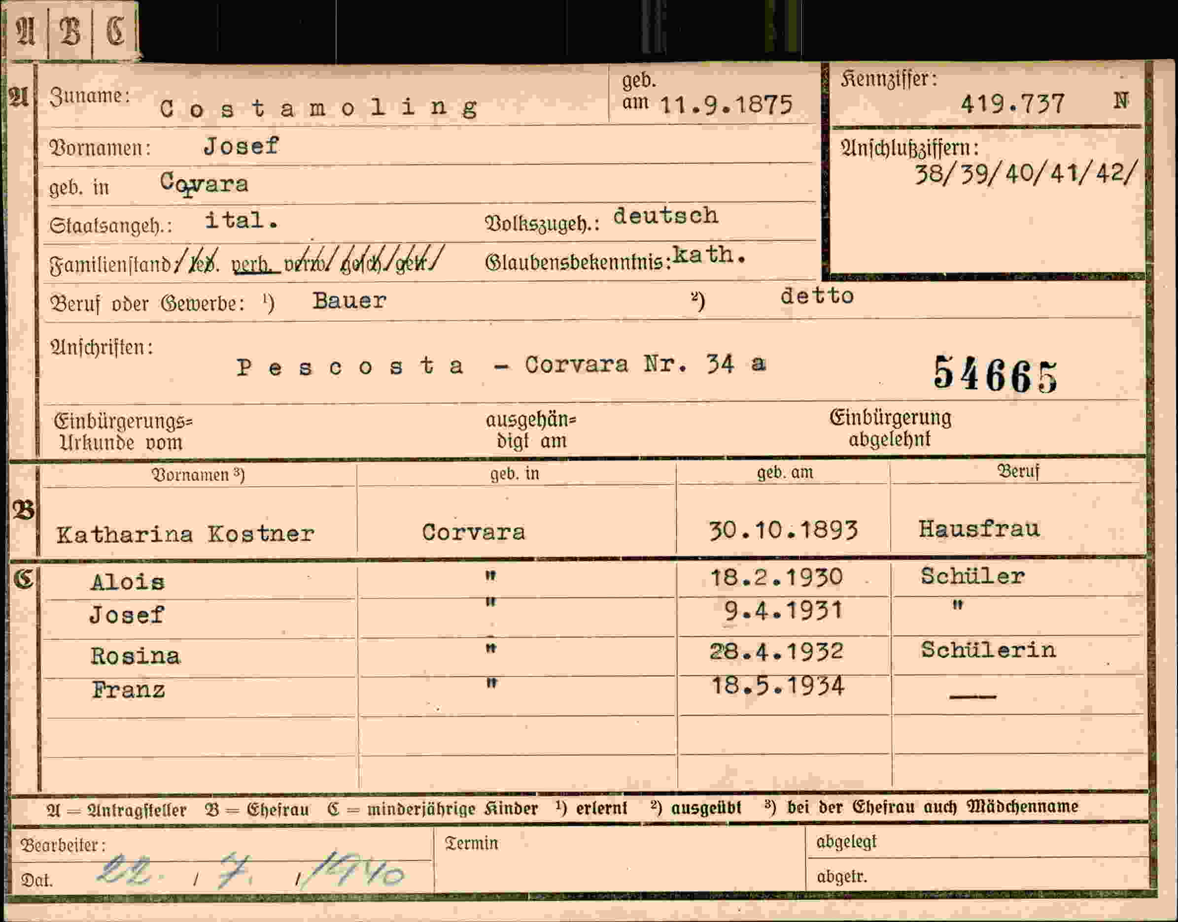 Dokument für Josef Costamoling