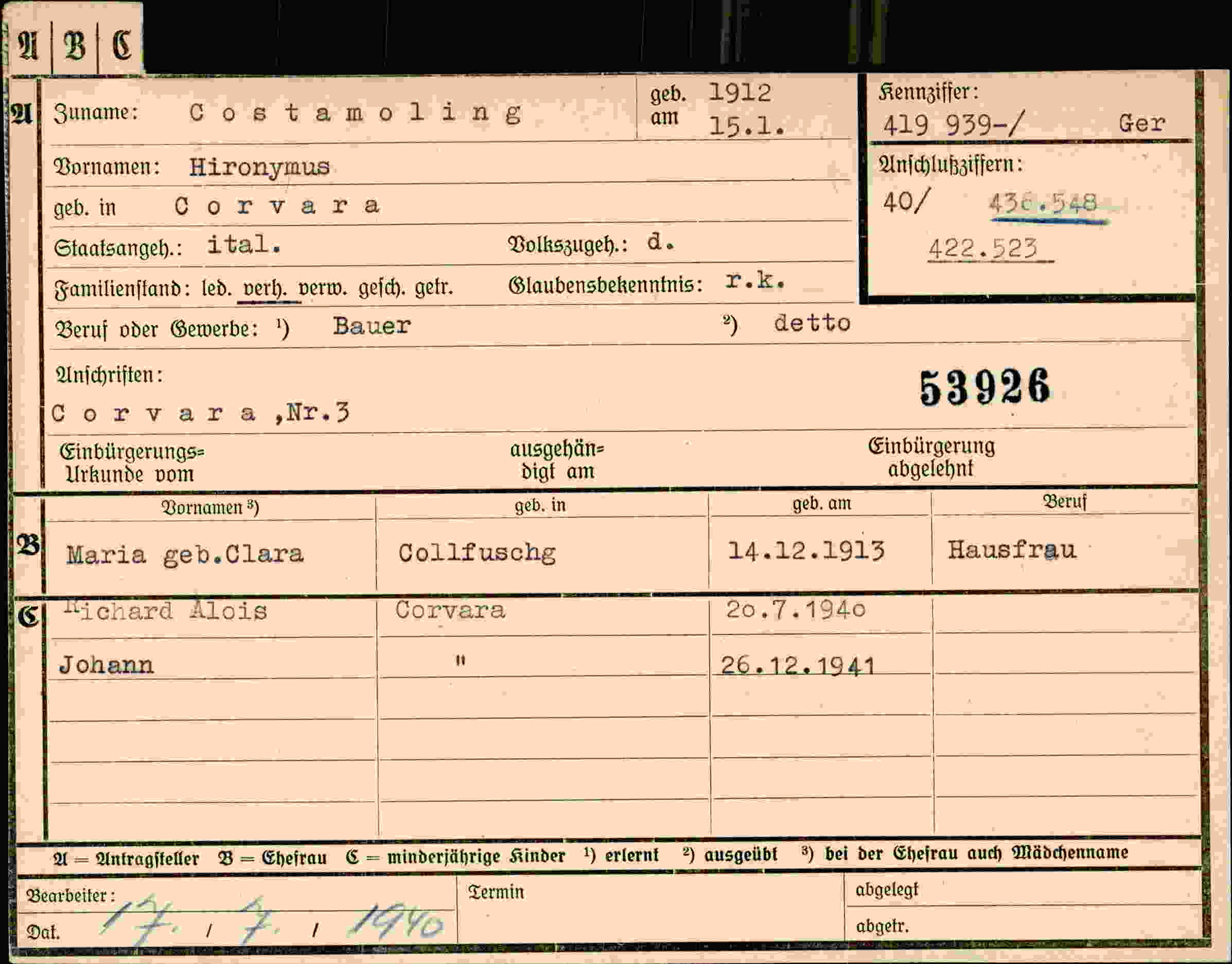 Dokument für Hironymus Costamoling