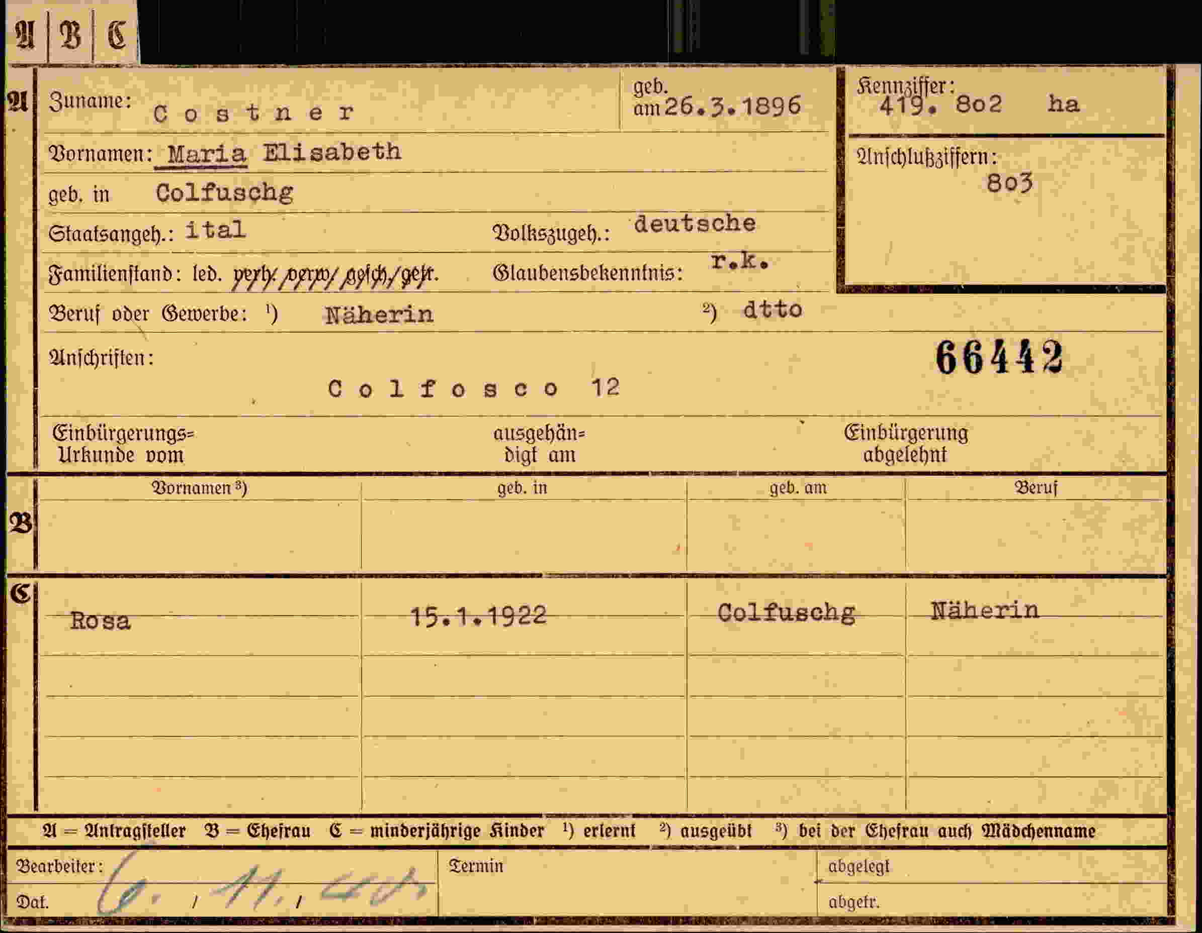 Dokument für Maria Elisabeth Costner