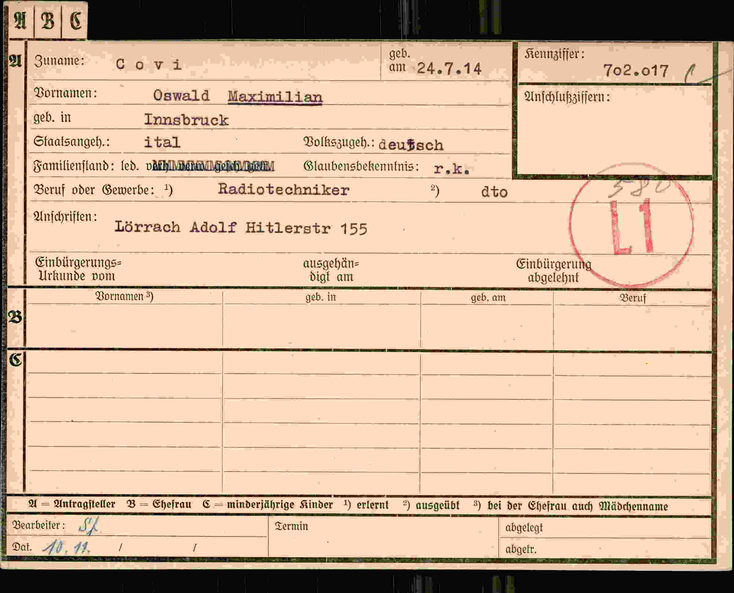 Dokument für Oswald Maximilian Covi