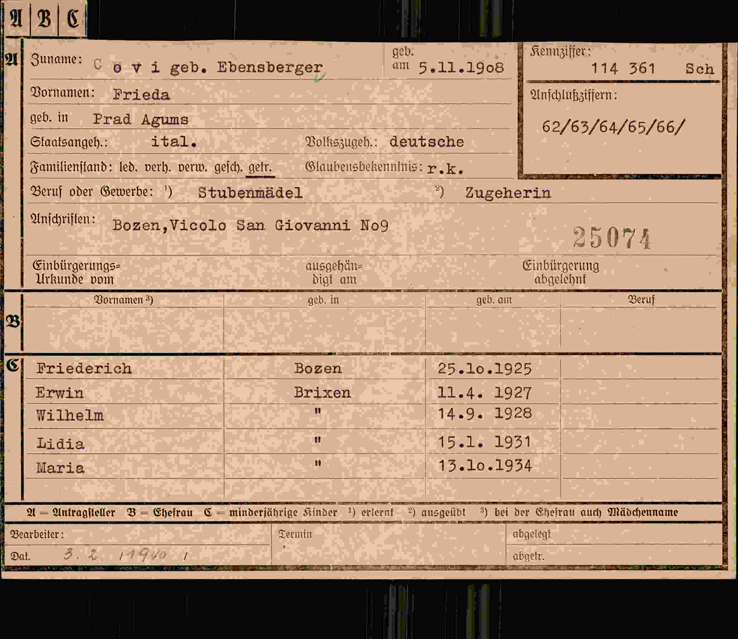 Dokument für Frieda Covi