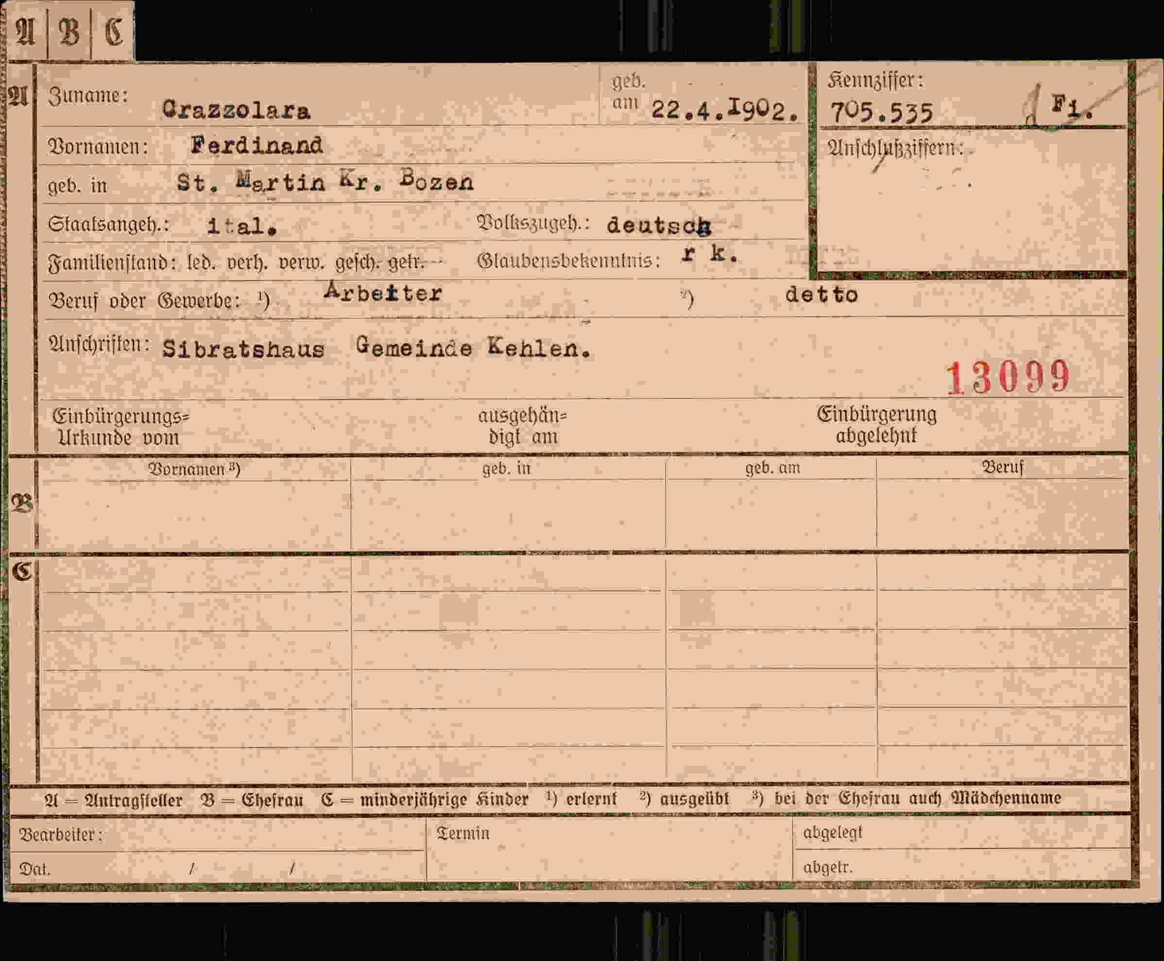 Dokument für Ferdinand Crazolara