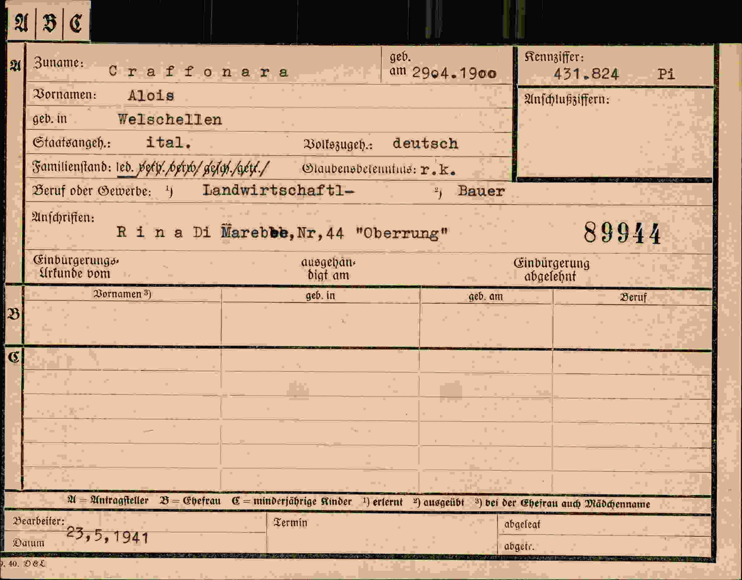 Dokument für Alois Craffonara