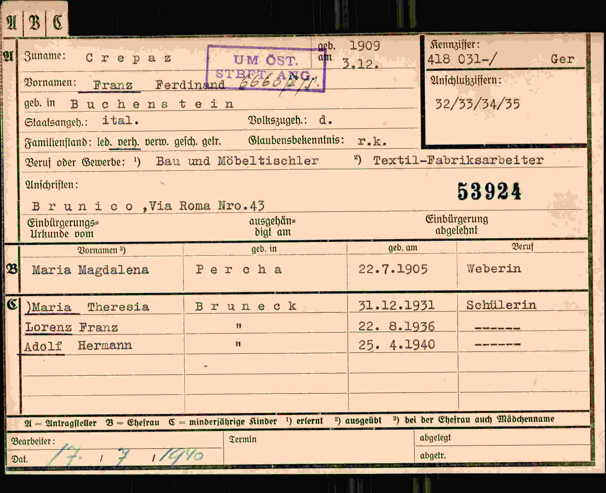 Dokument für Franz Ferdinand Crepaz