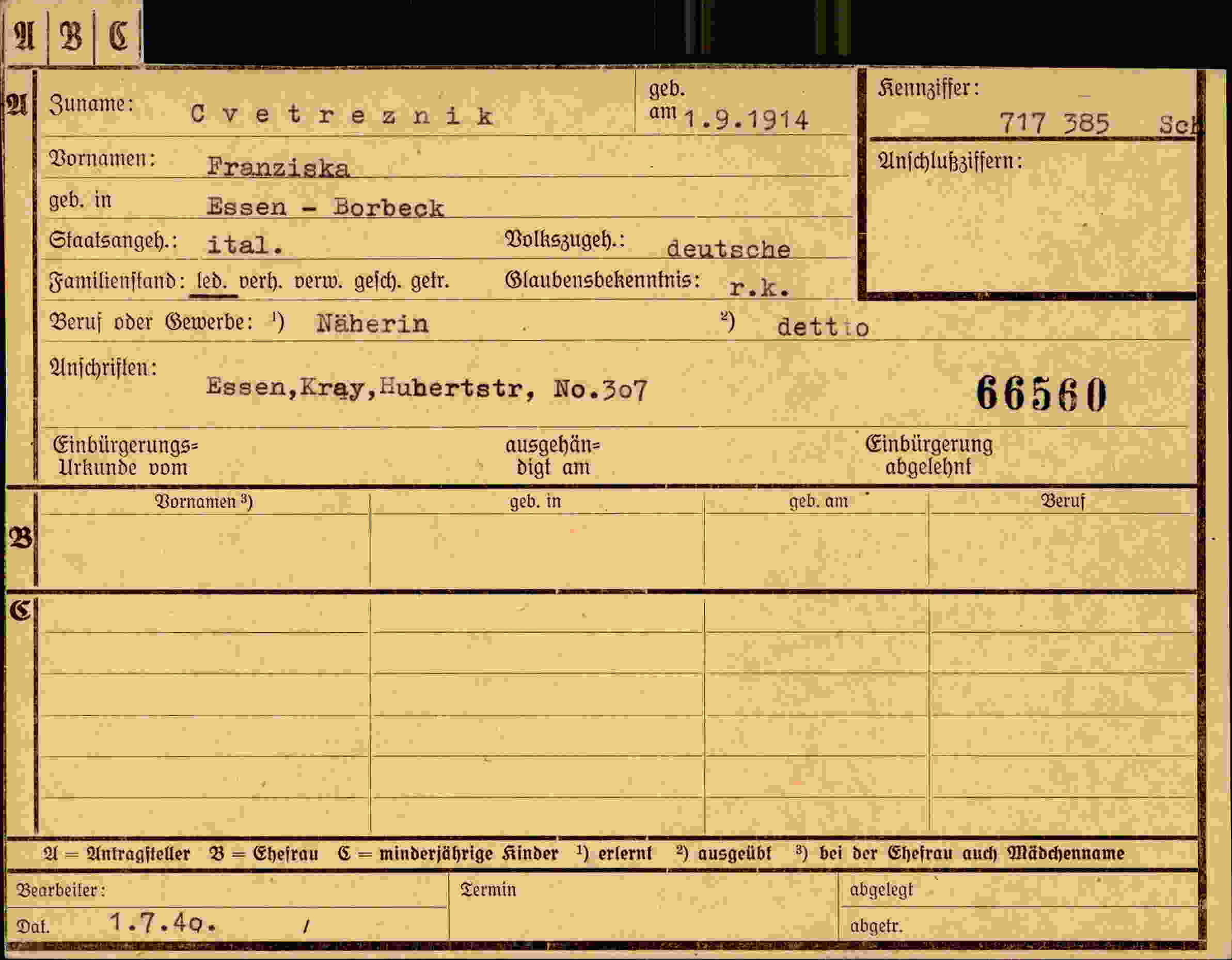 Dokument für Franziska Cvetreznik