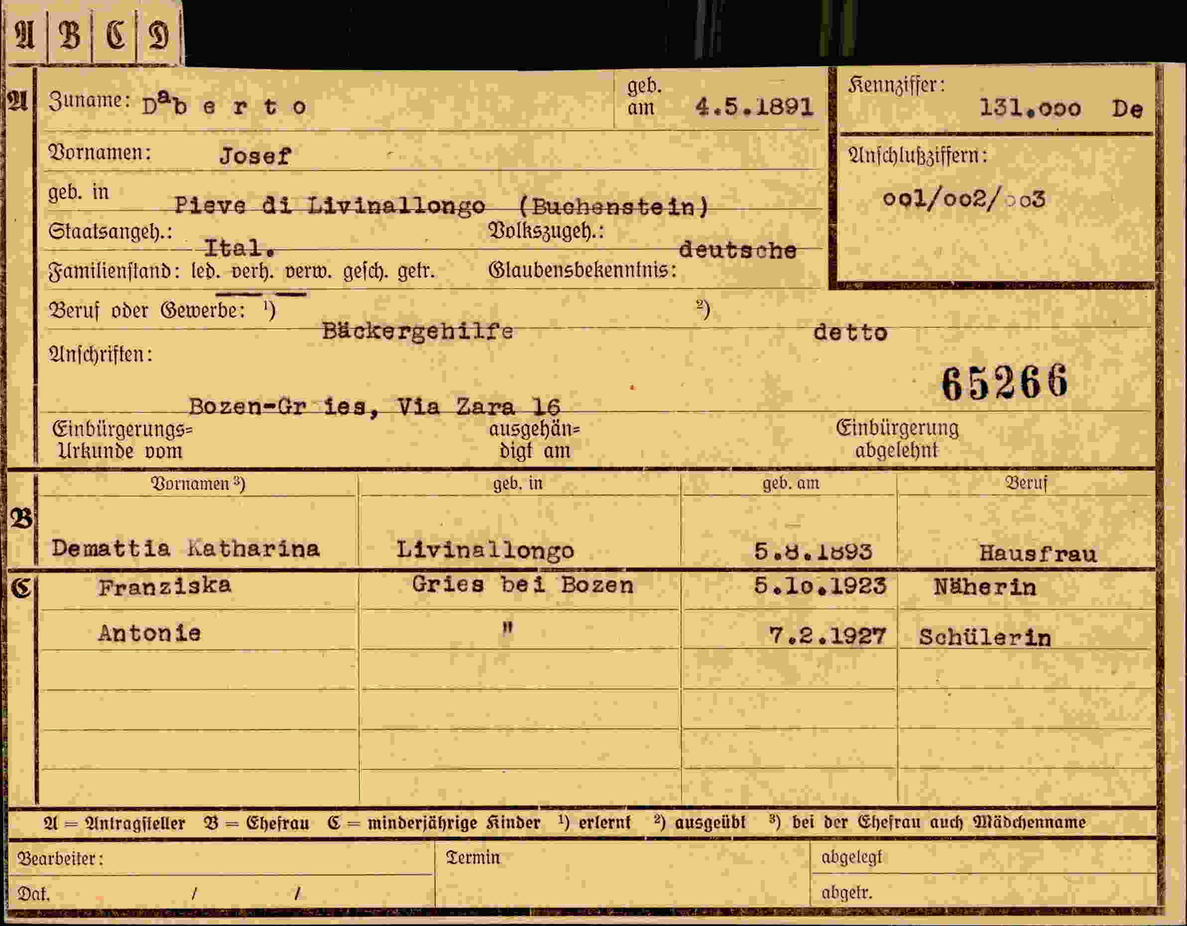Dokument für Josef Daberto