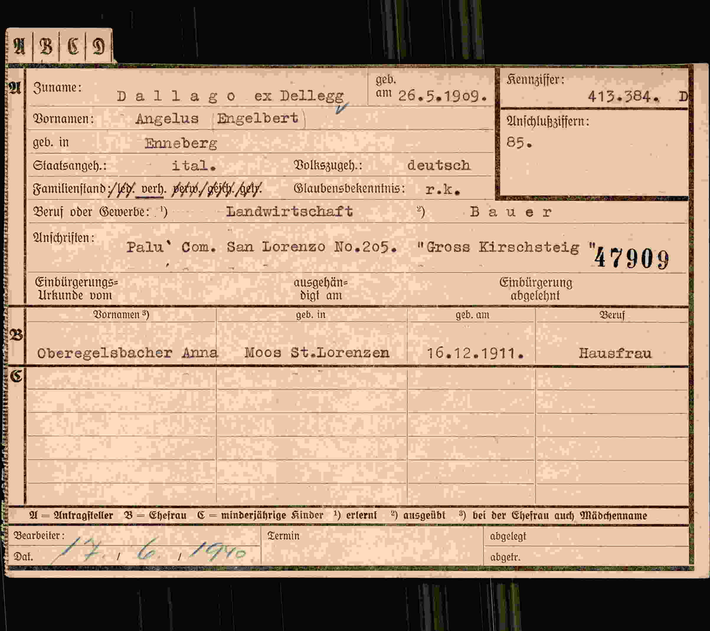 Dokument für Angelus Engelbert Dallago