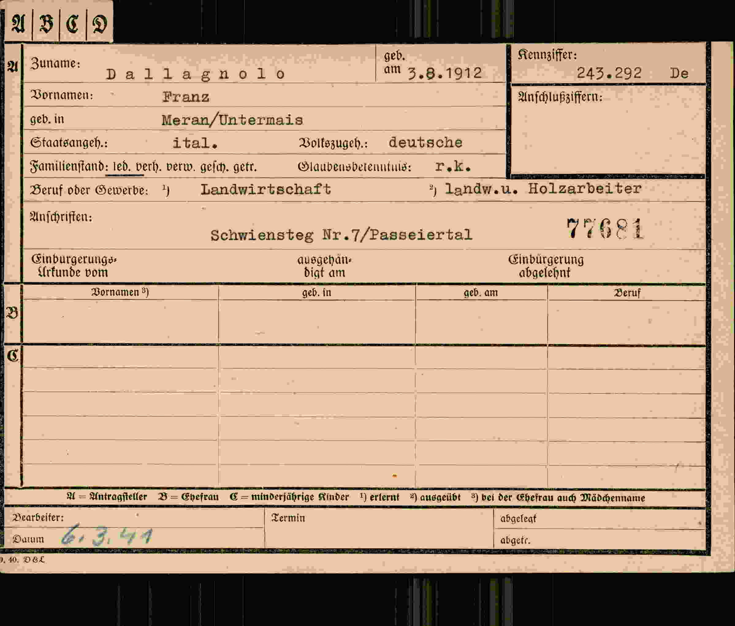 Dokument für Franz Dallagnolo