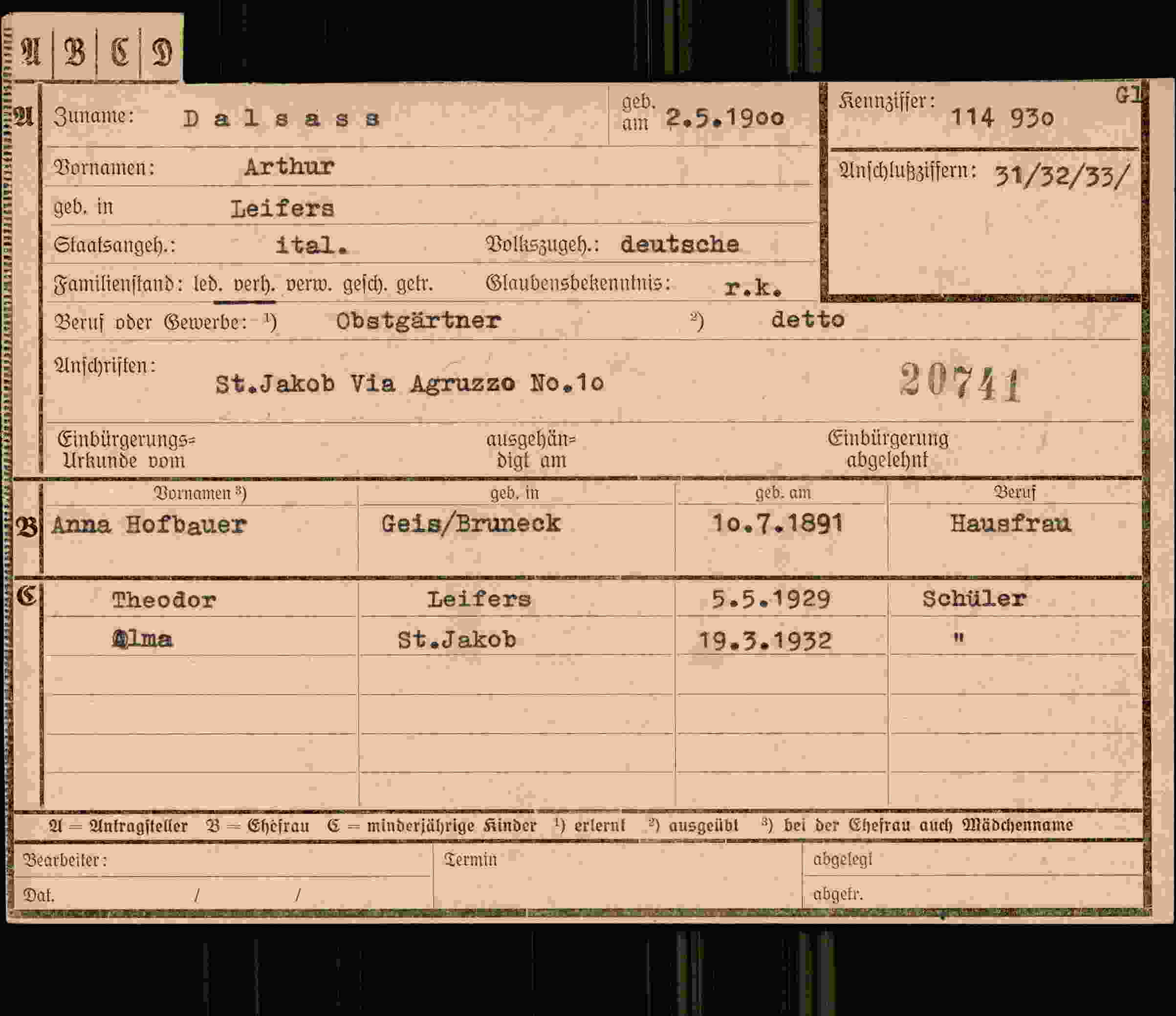 Dokument für Arthur Dalsass