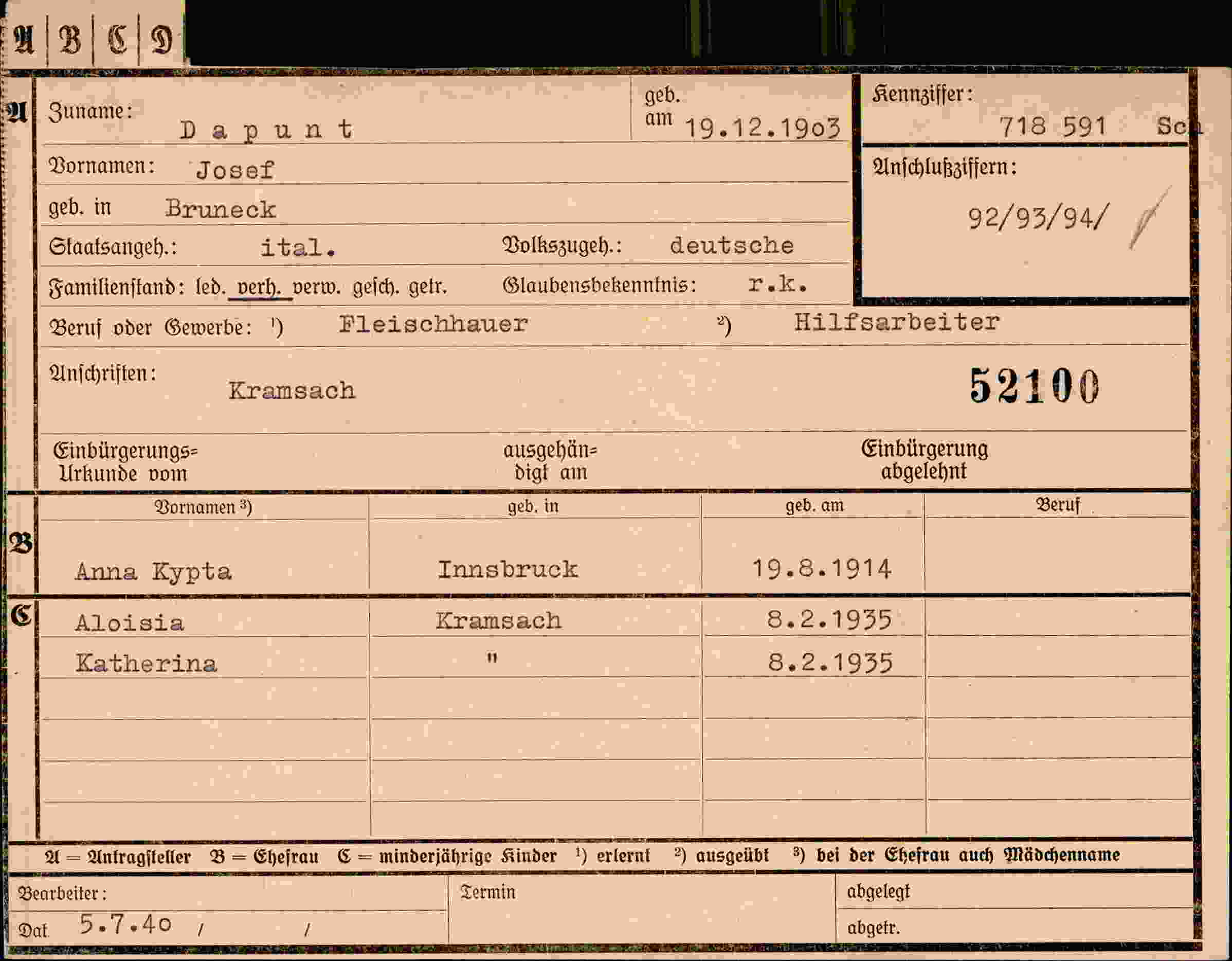 Dokument für Josef Dapunt