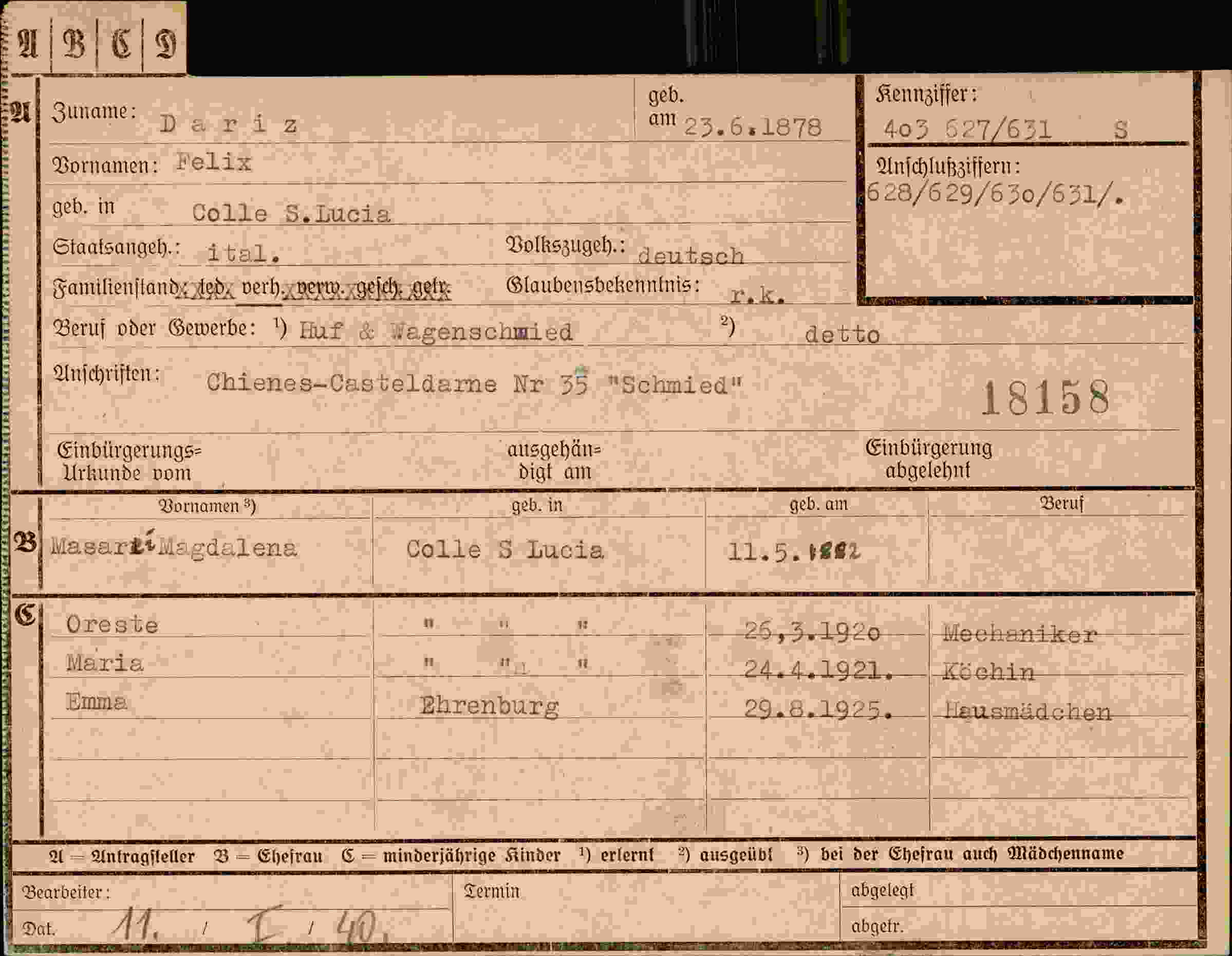 Dokument für Felix Dariz