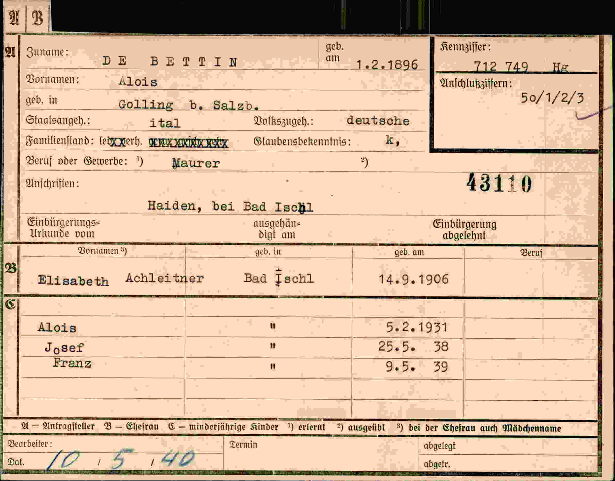 Dokument für Alois Bettin