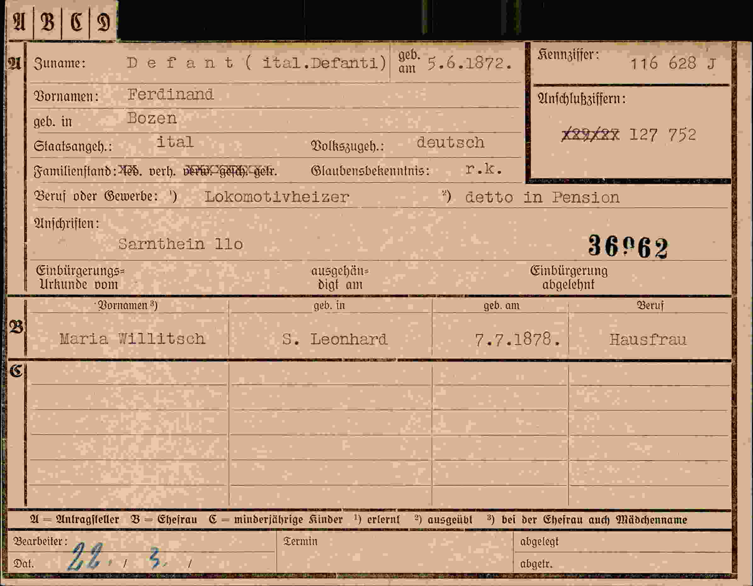 Dokument für Ferdinand Defant