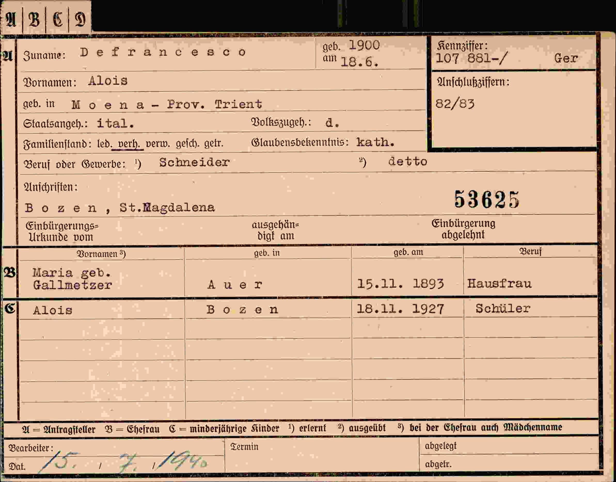 Dokument für Alois Defrancesco