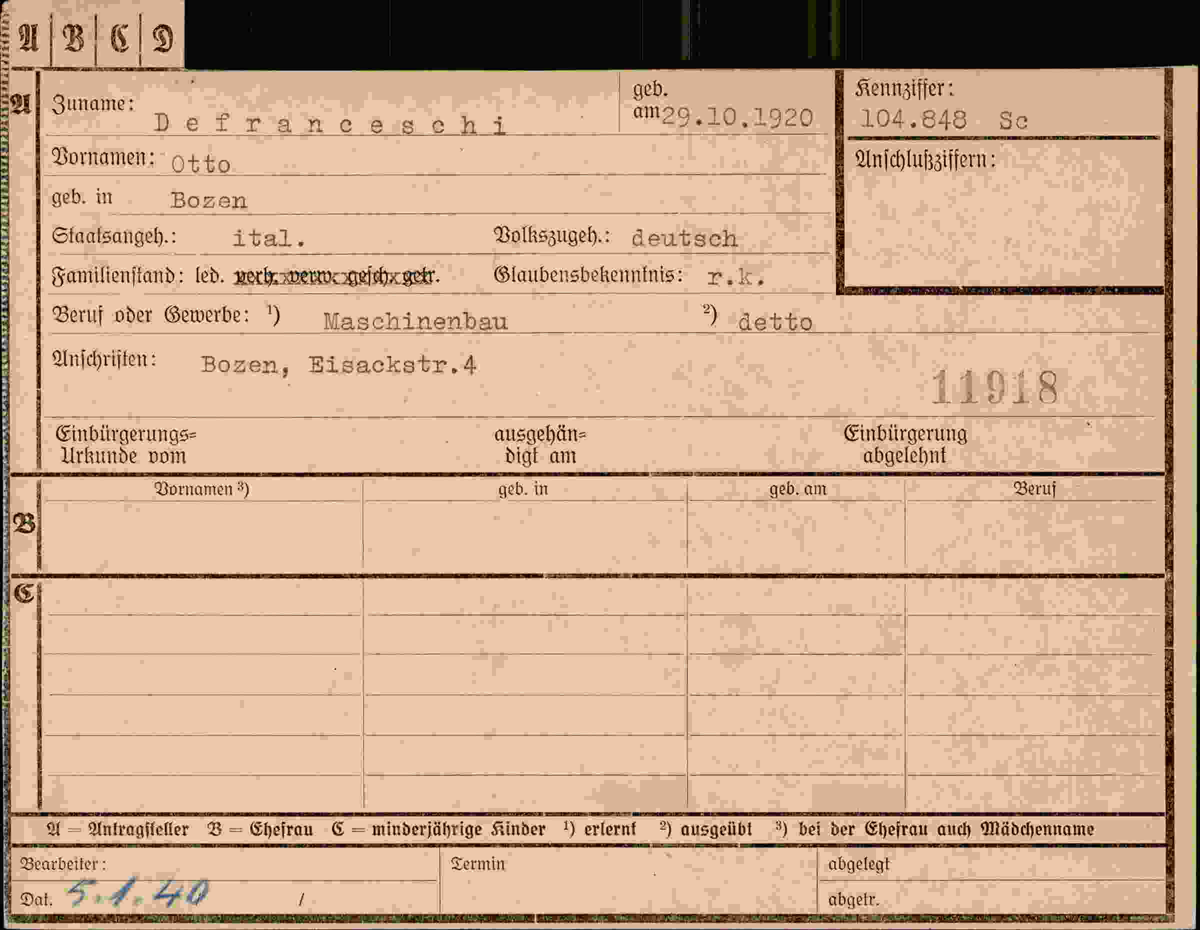 Dokument für Otto Defranceschi