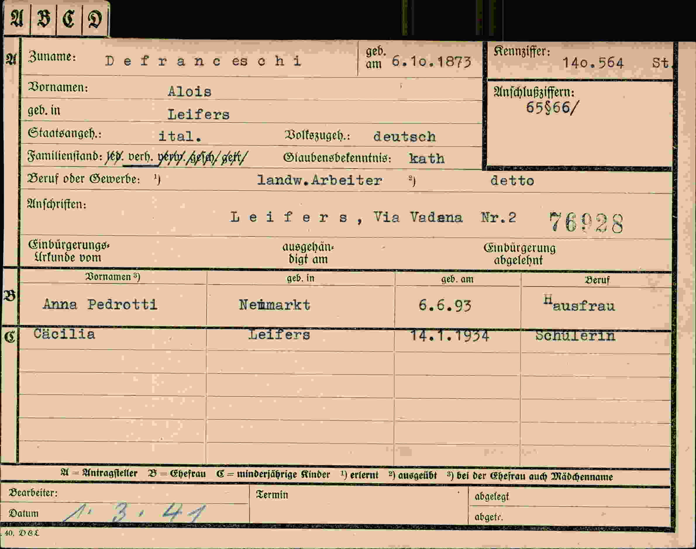 Dokument für Alois Defranceschi