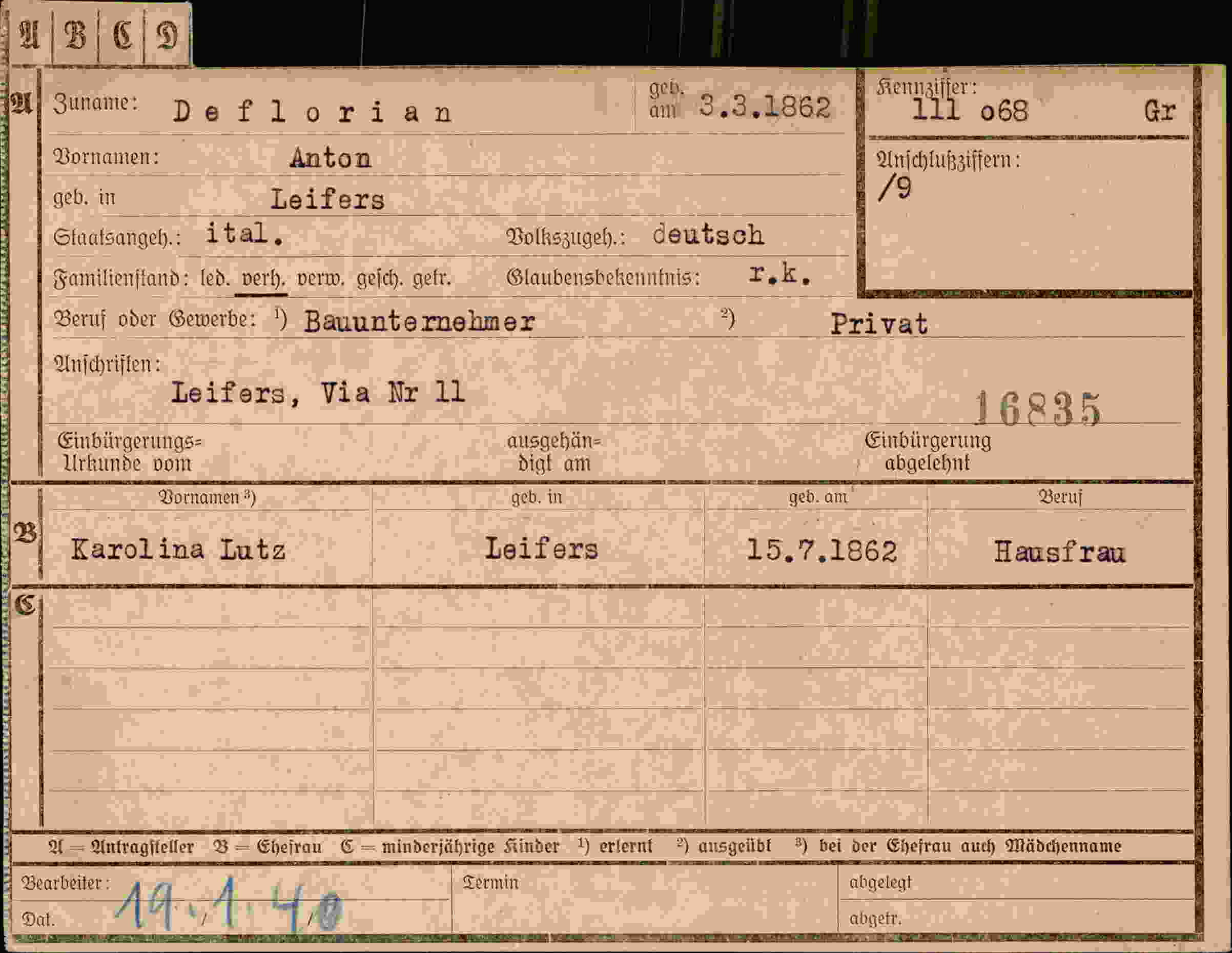 Dokument für Anton Deflorian