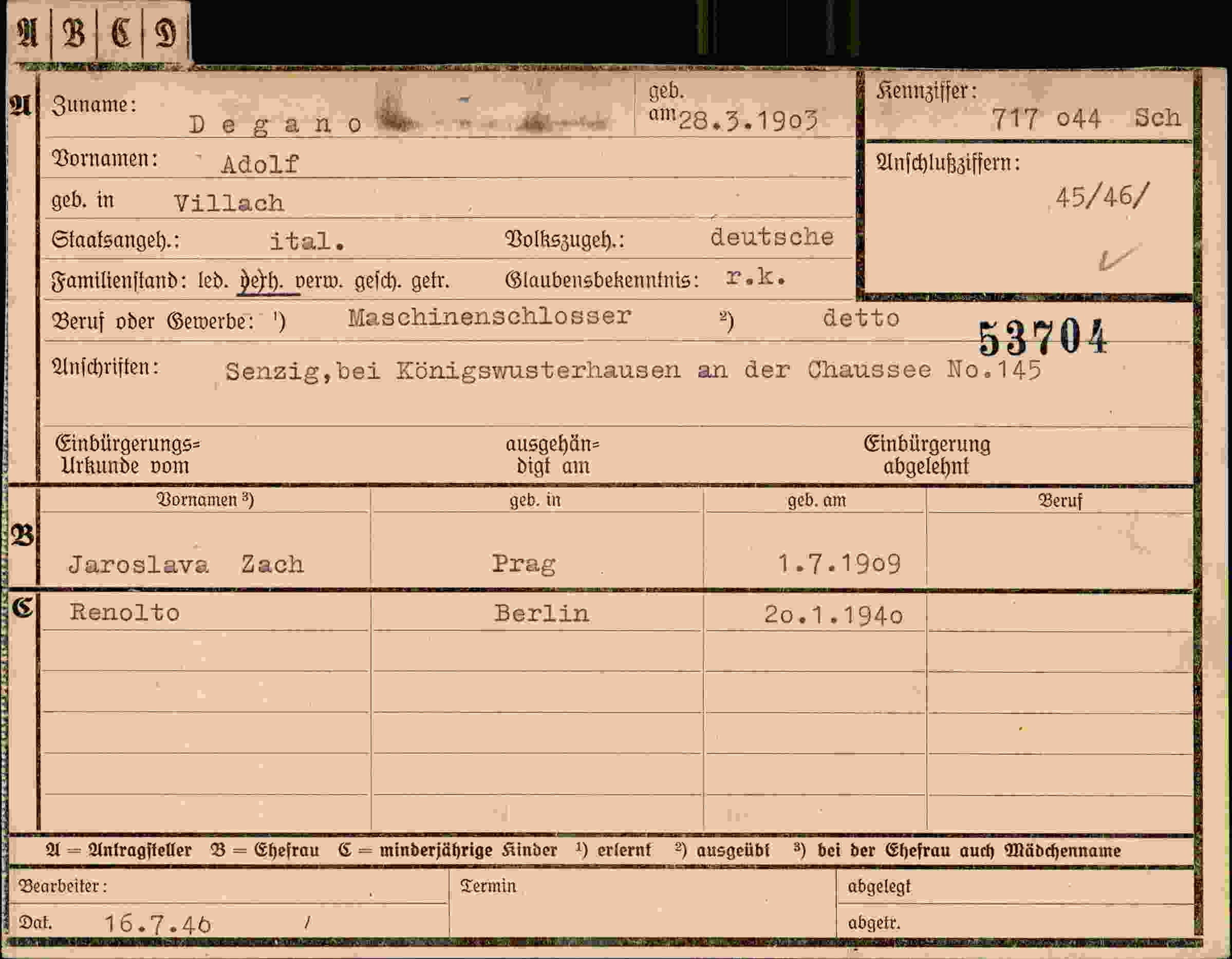 Dokument für Adolf Degano