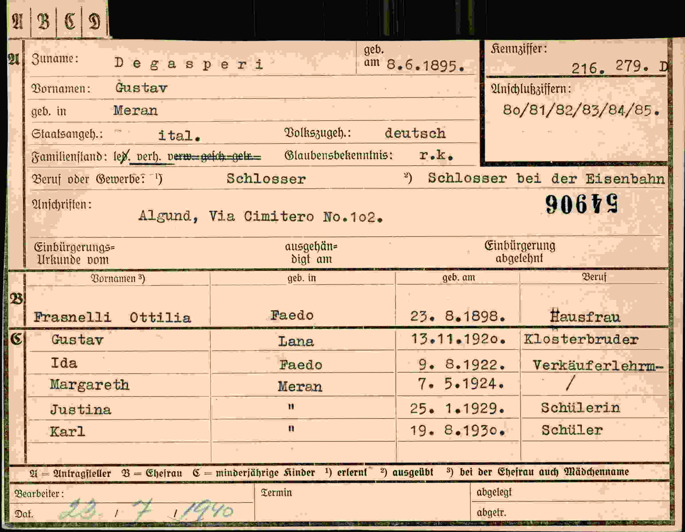 Dokument für Gustav Degasperi