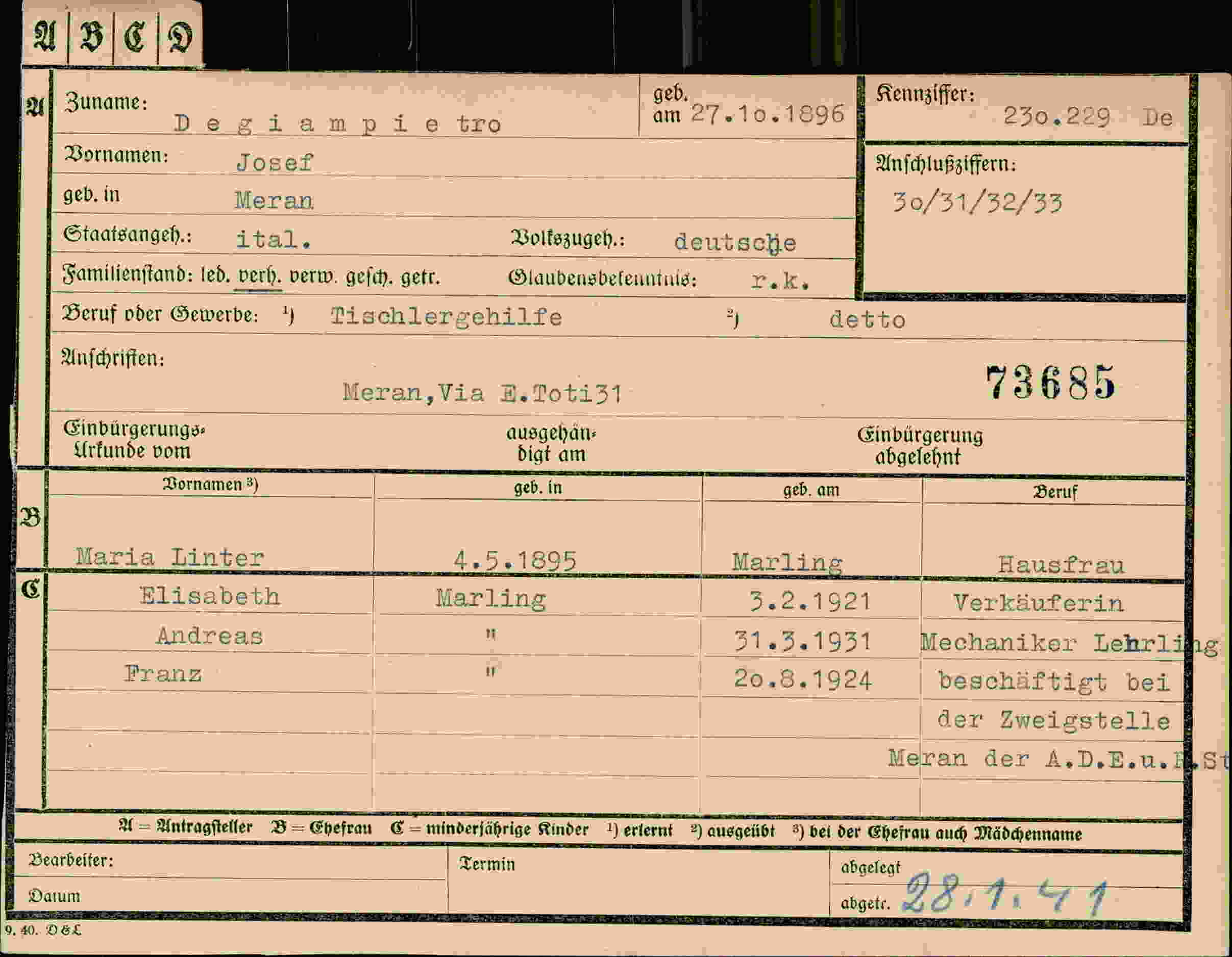 Dokument für Josef Degiampietro