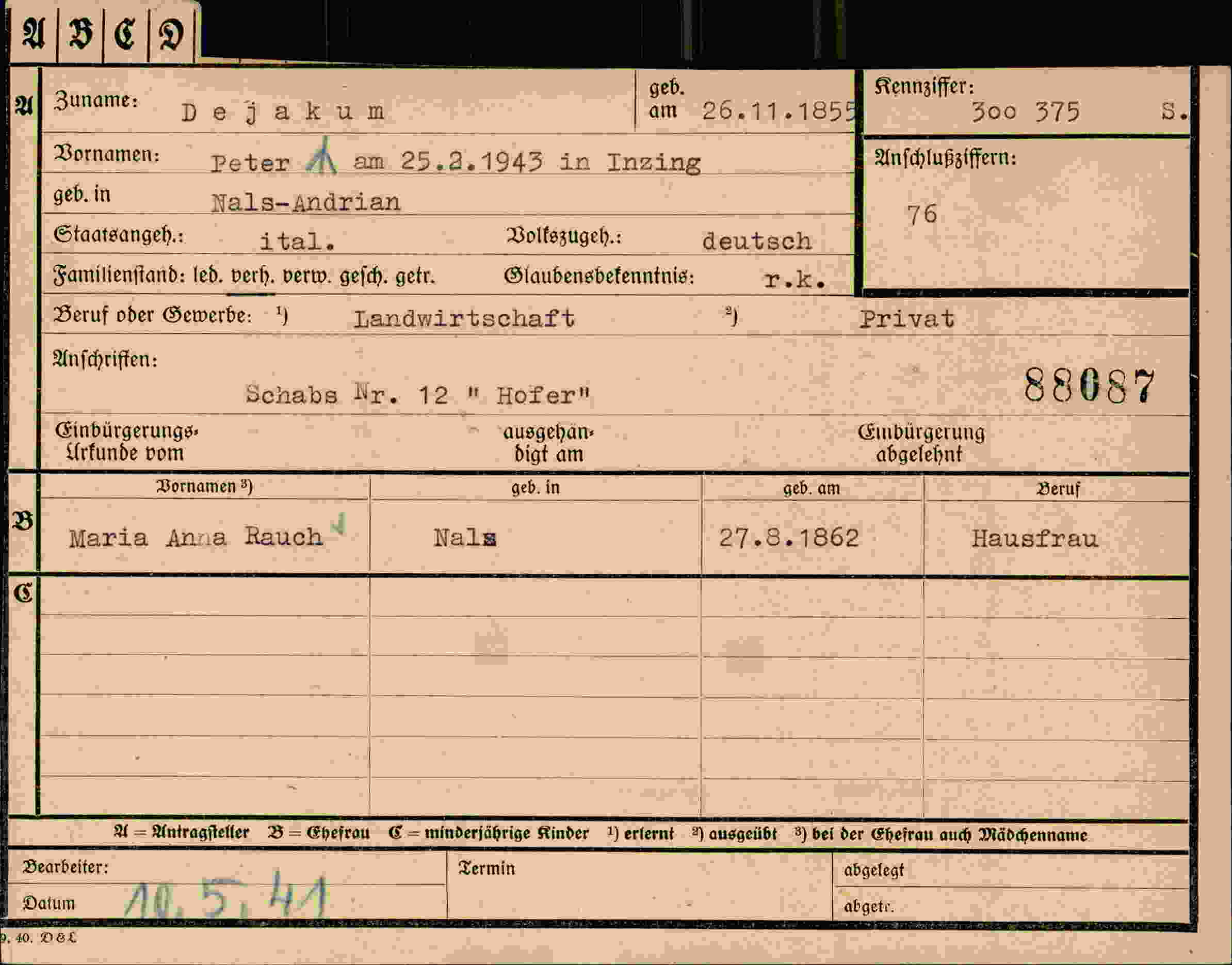 Dokument für Peter Dejakum