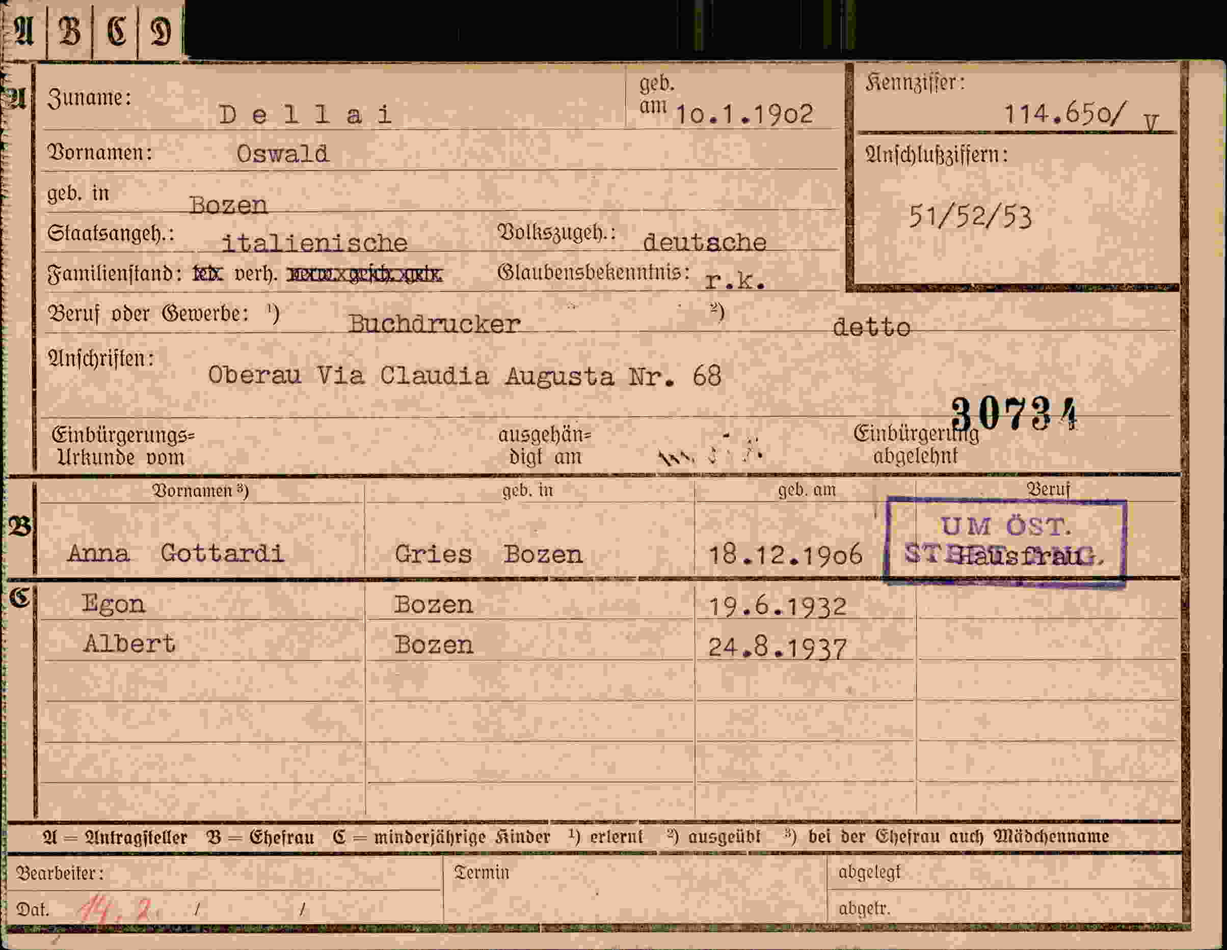 Dokument für Oswald Dellai