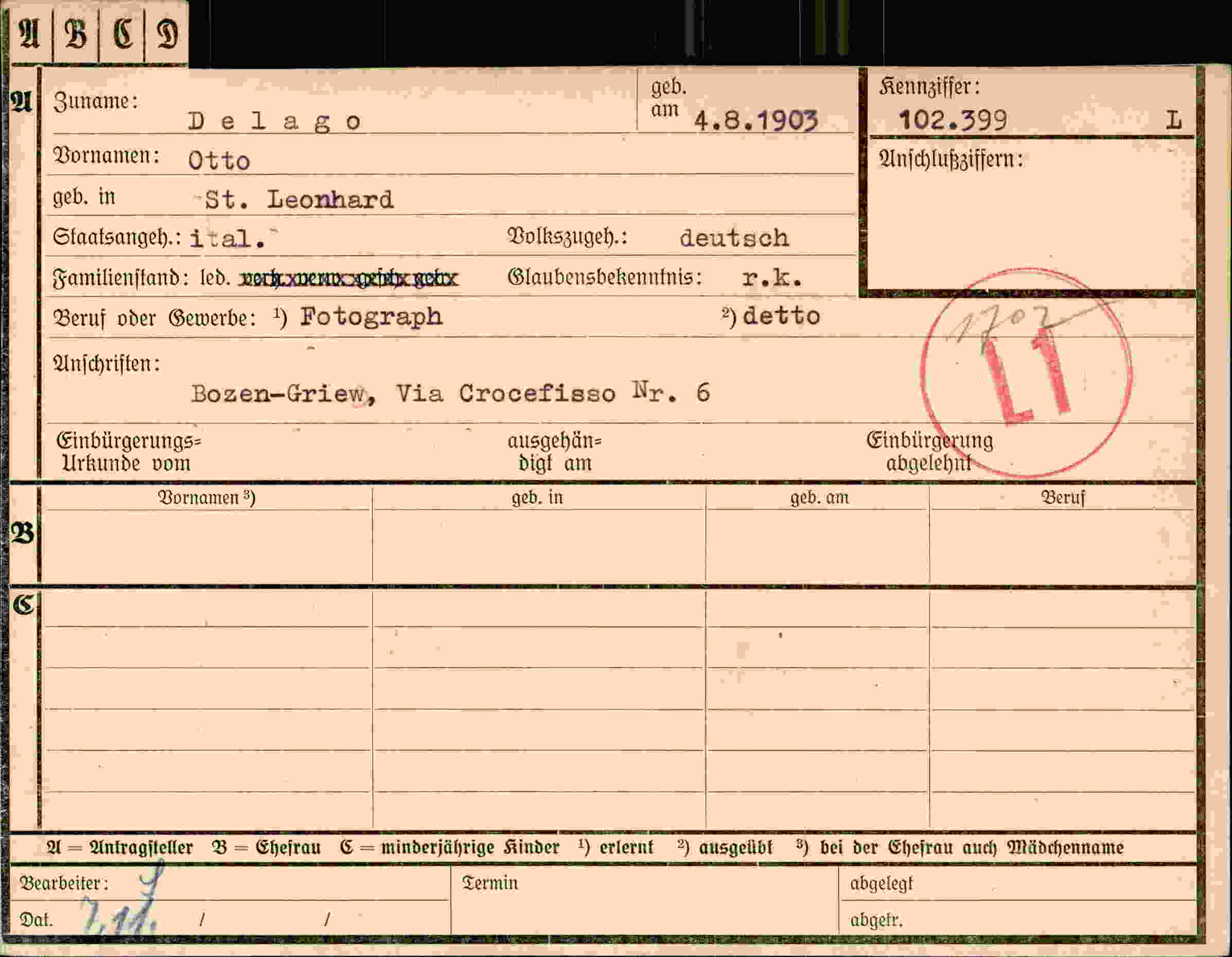 Dokument für Otto Delago