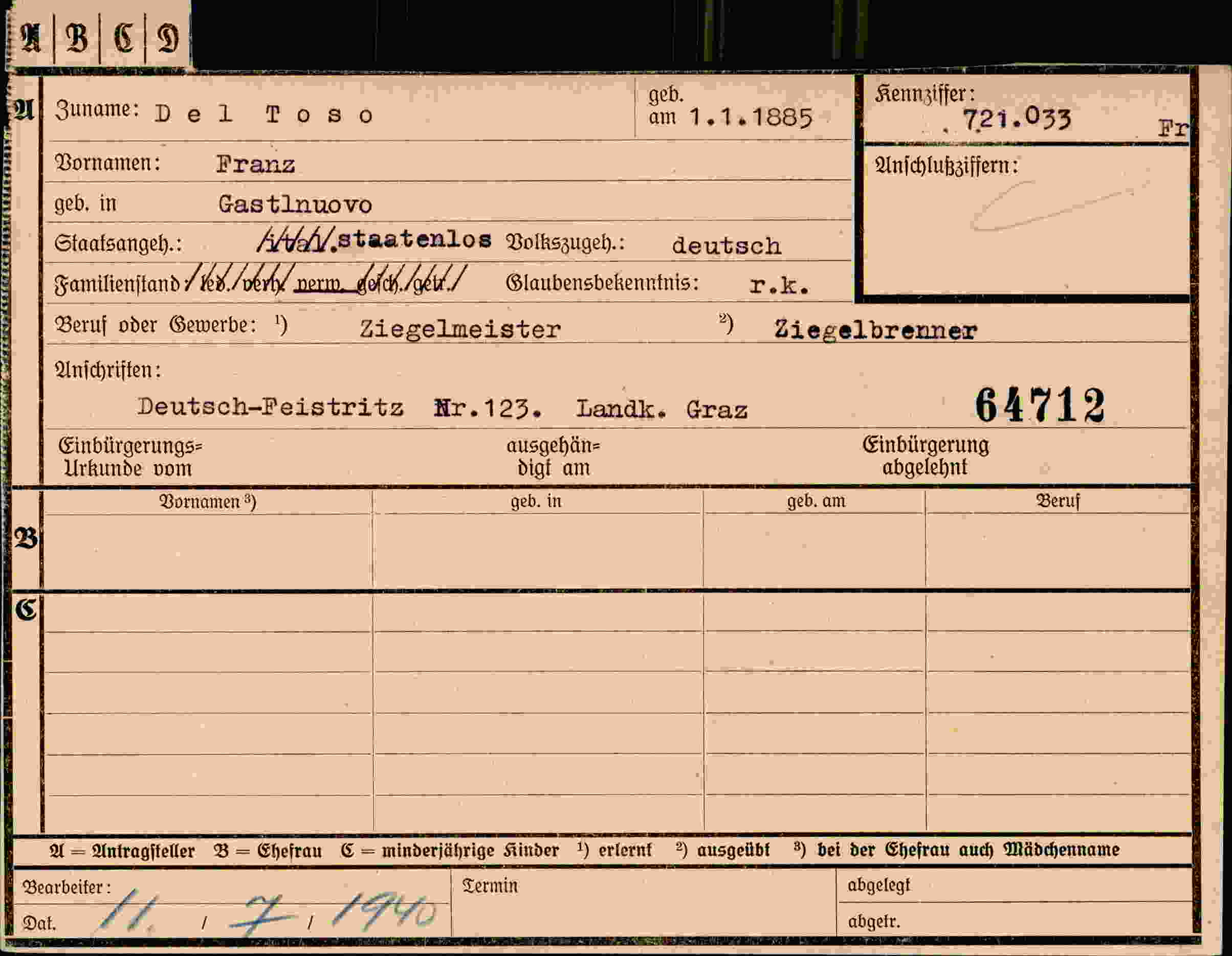 Dokument für Franz Del Toso