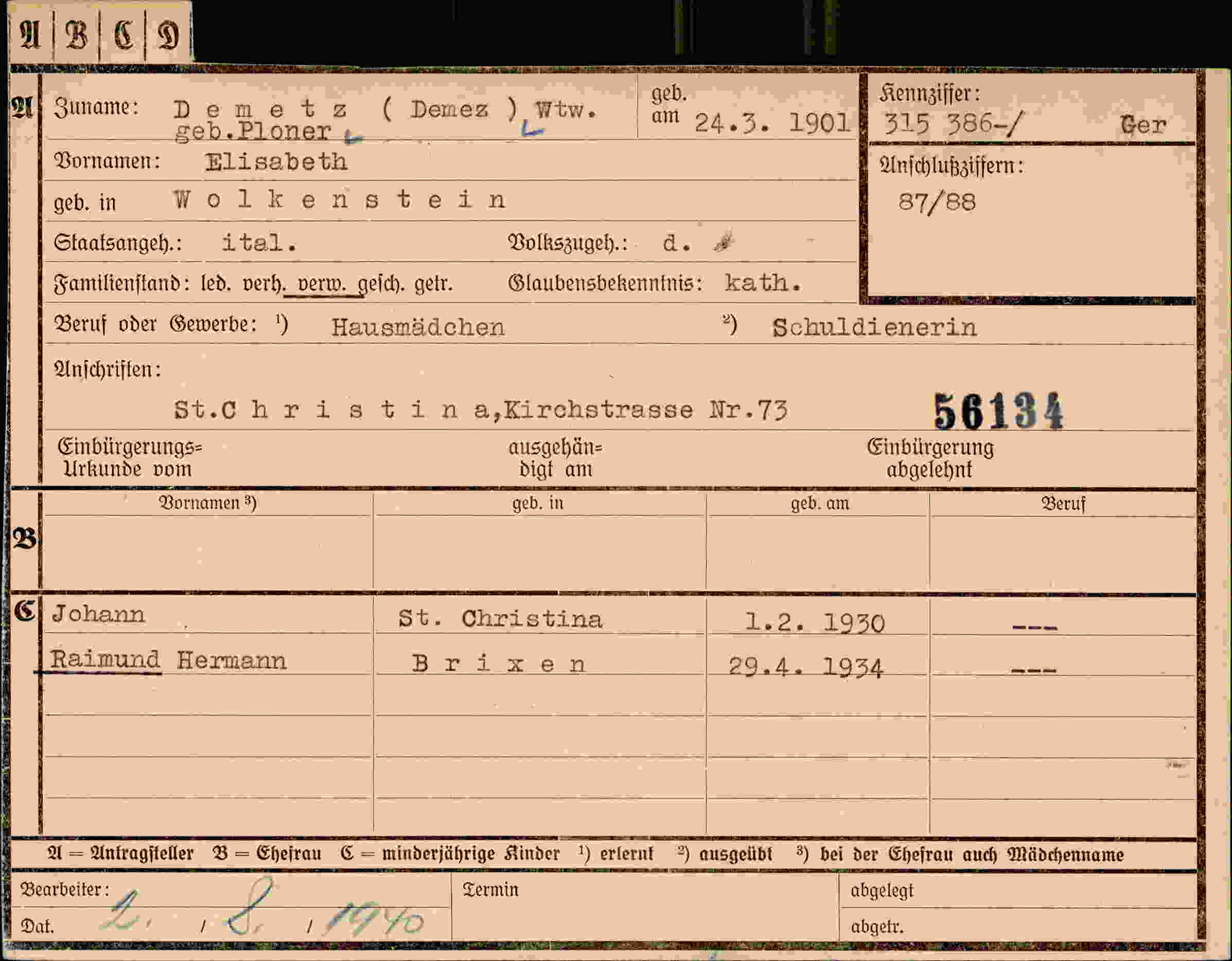 Dokument für Elisabeth Demetz Demez