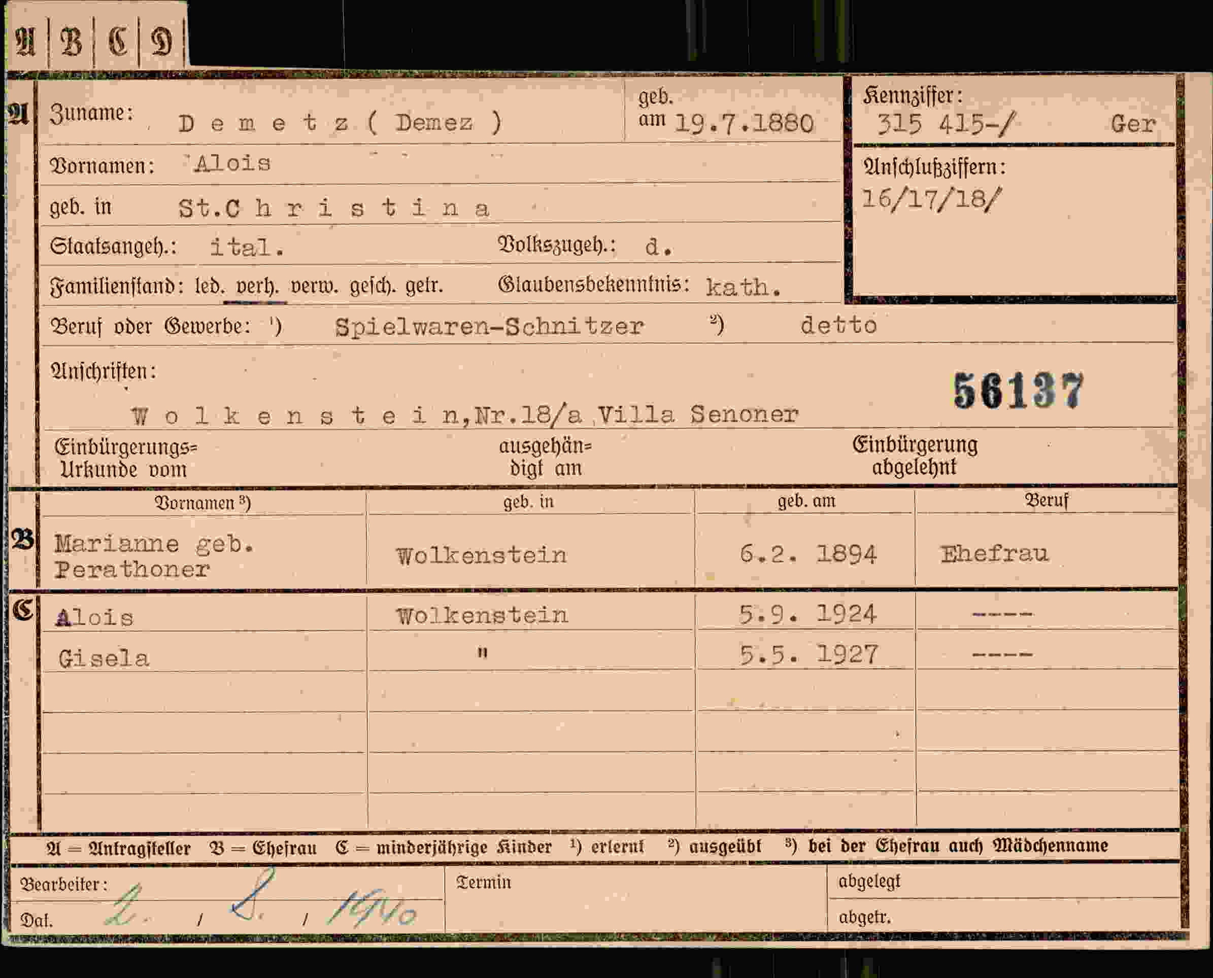 Dokument für Alois Demetz