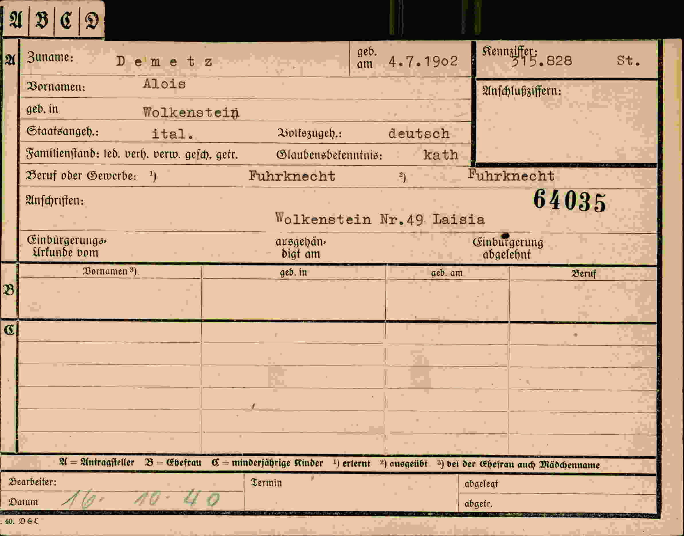 Dokument für Alois Demetz