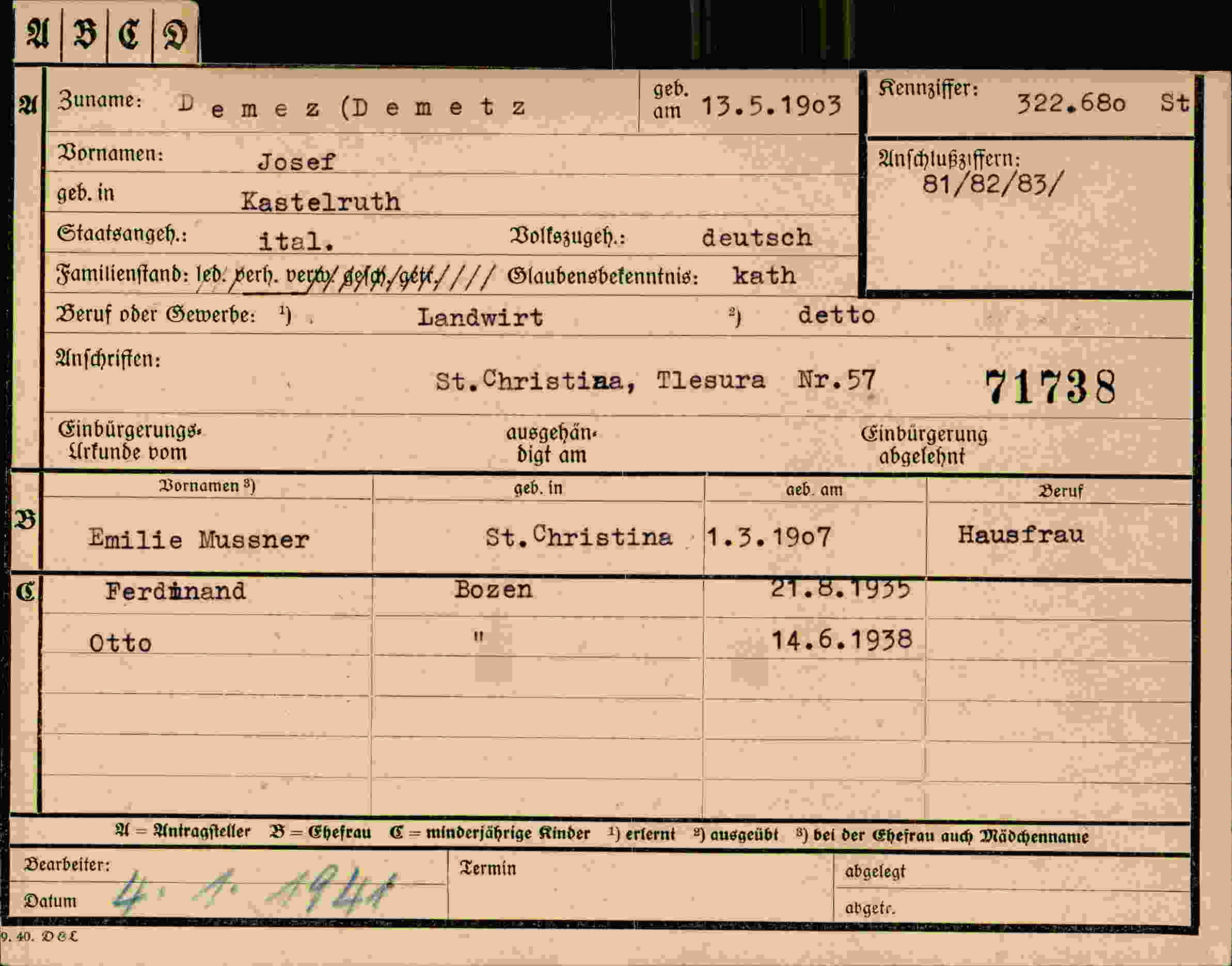 Dokument für Josef Demez Demetz