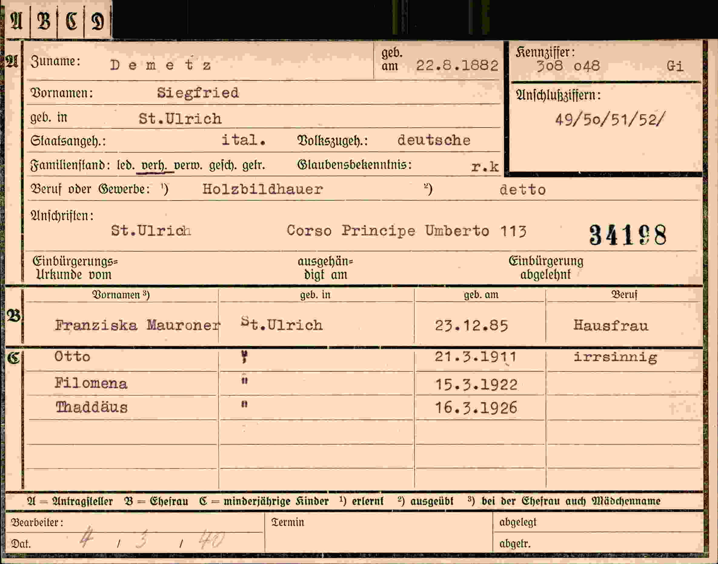 Dokument für Siegfried Demetz