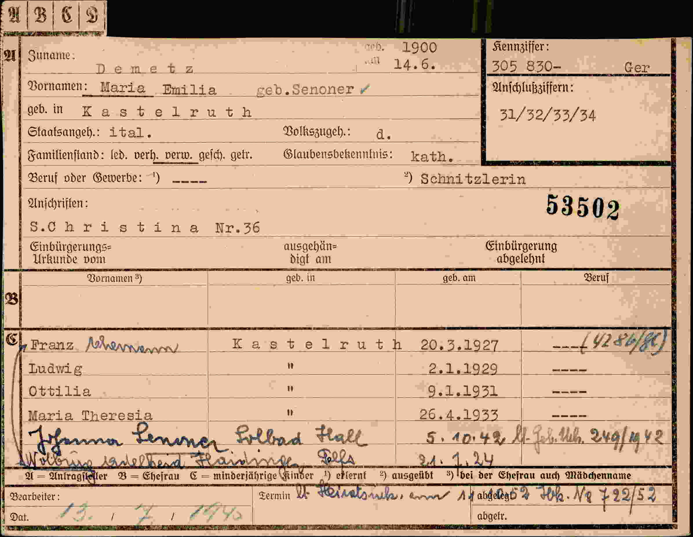 Dokument für Maria Emilia Demetz