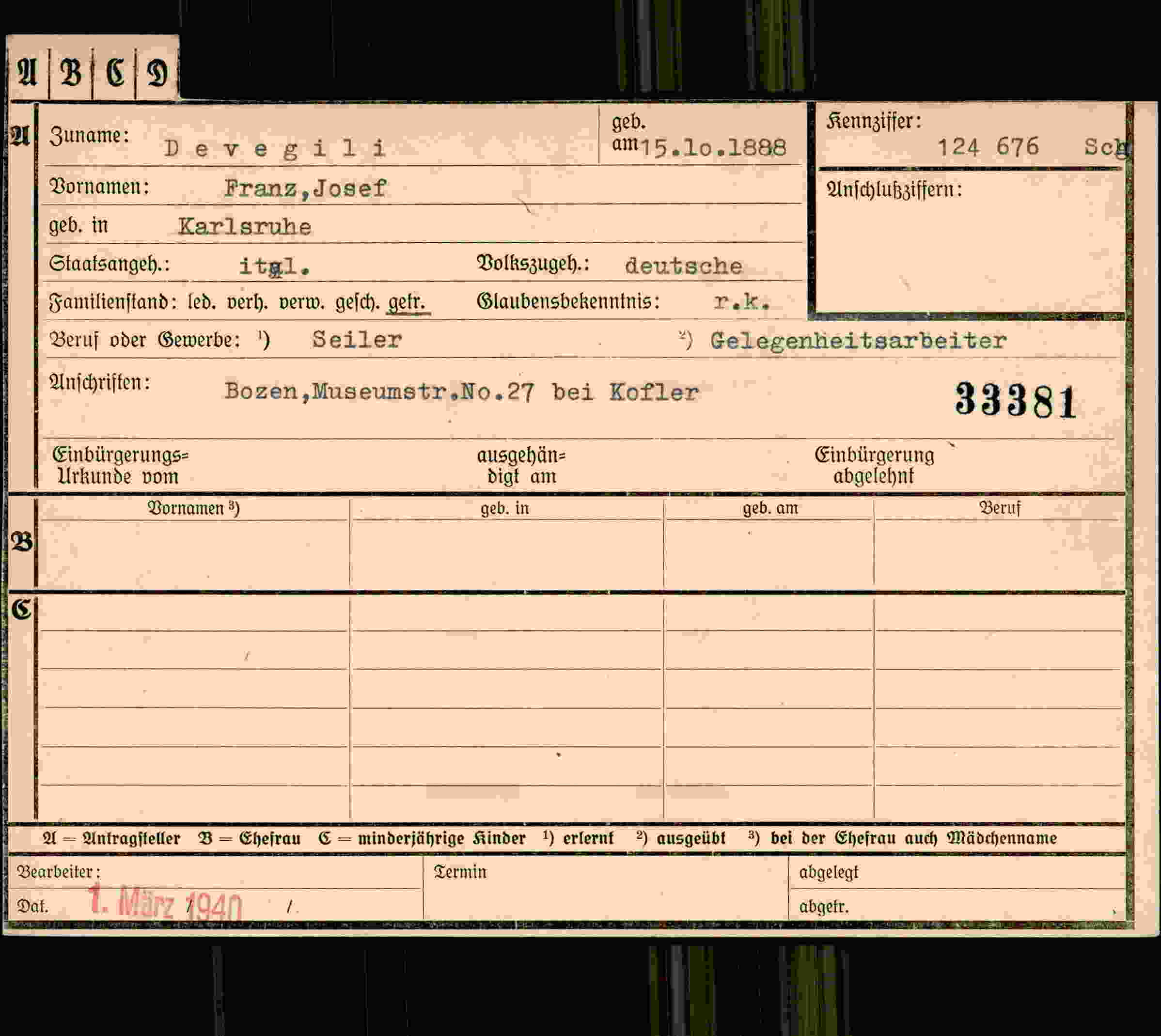Dokument für Franz Josef Devegili