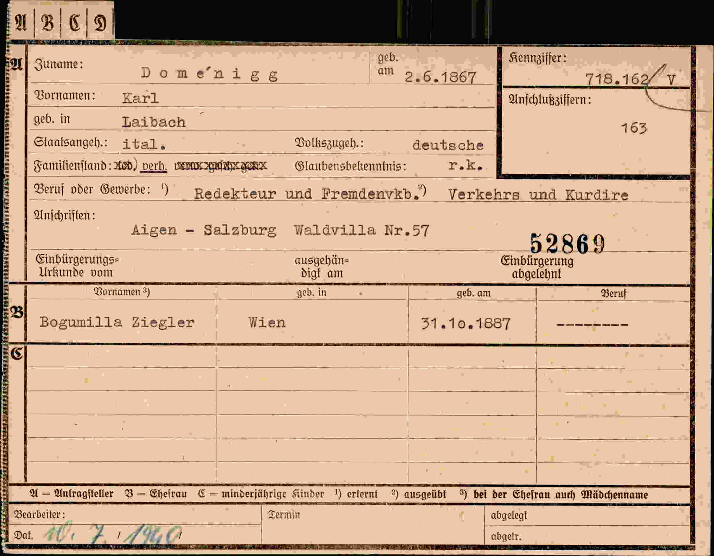 Dokument für Karl Dome'nigg