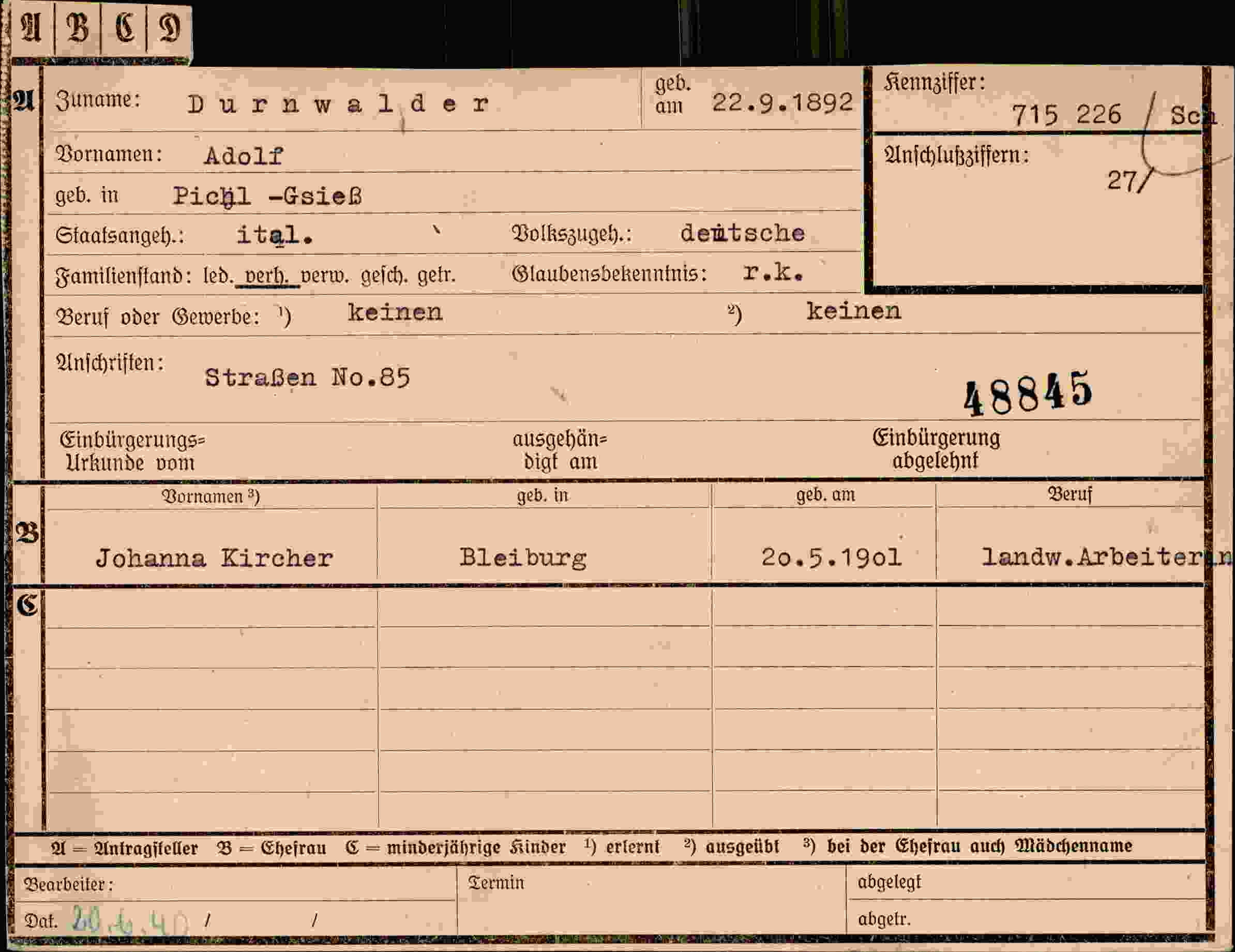 Dokument für Adolf Durnwalder