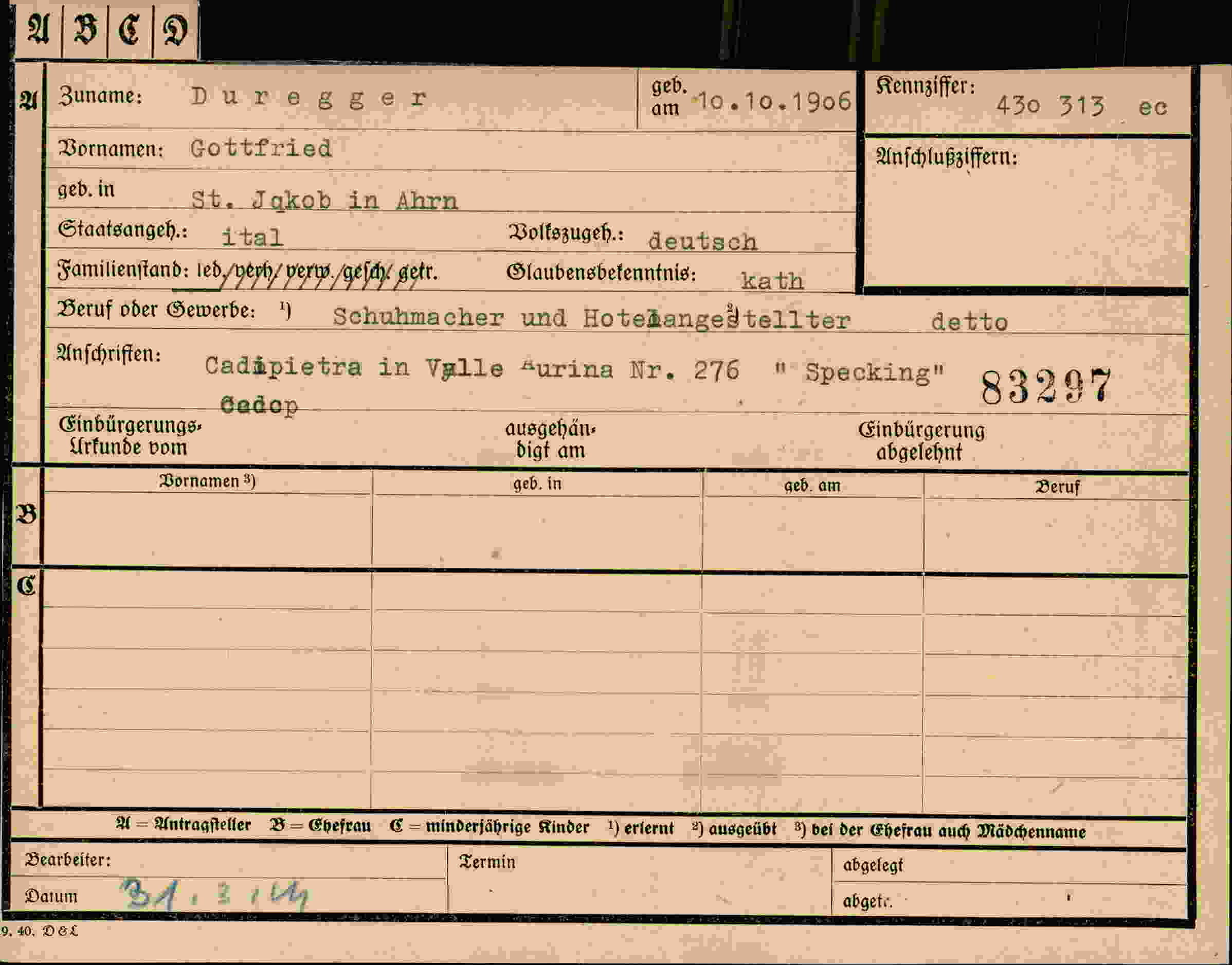 Dokument für Gottfried Duregger