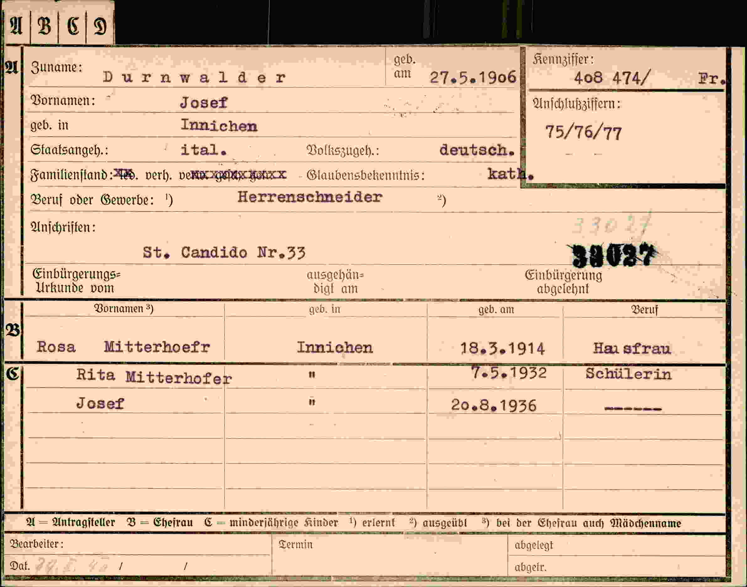 Dokument für Josef Durnwalder