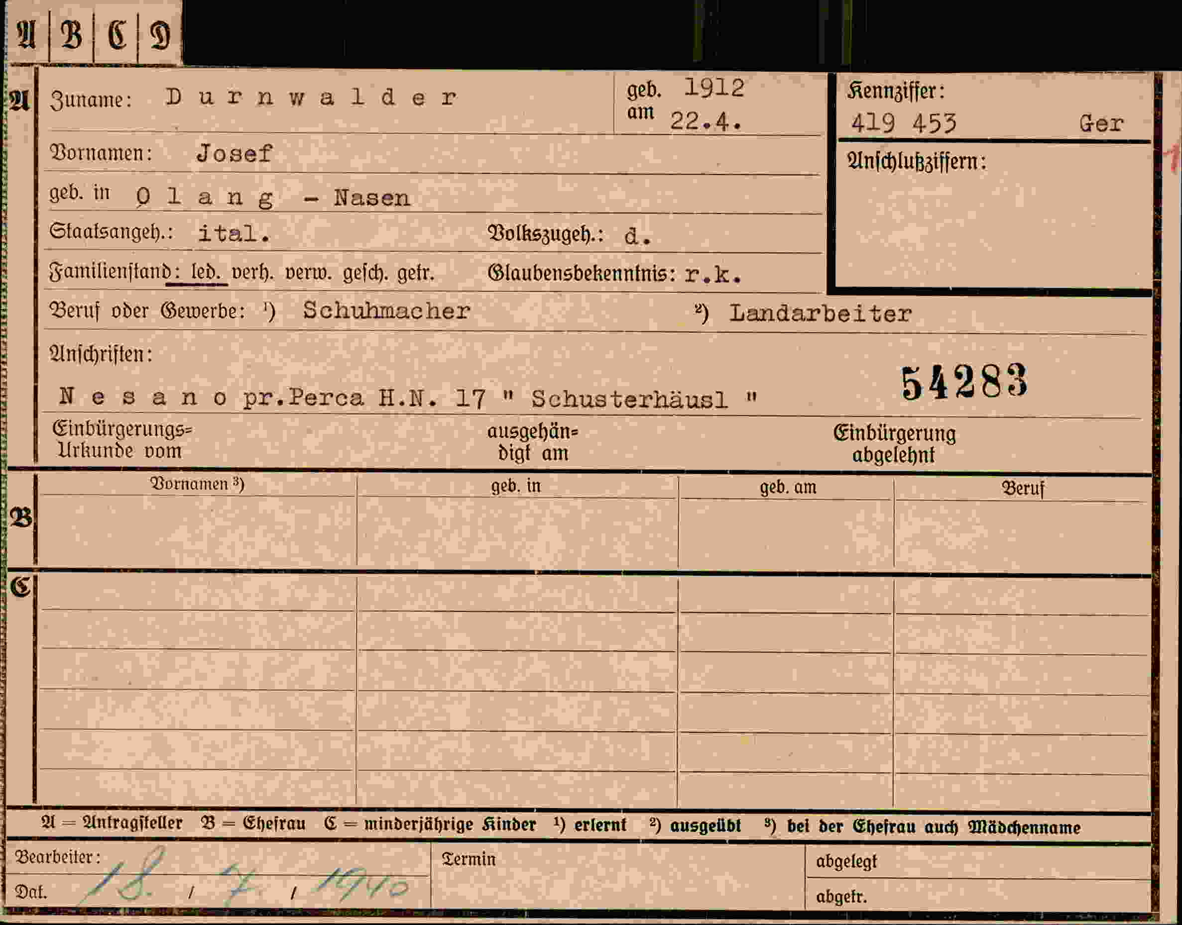 Dokument für Josef Durnwalder