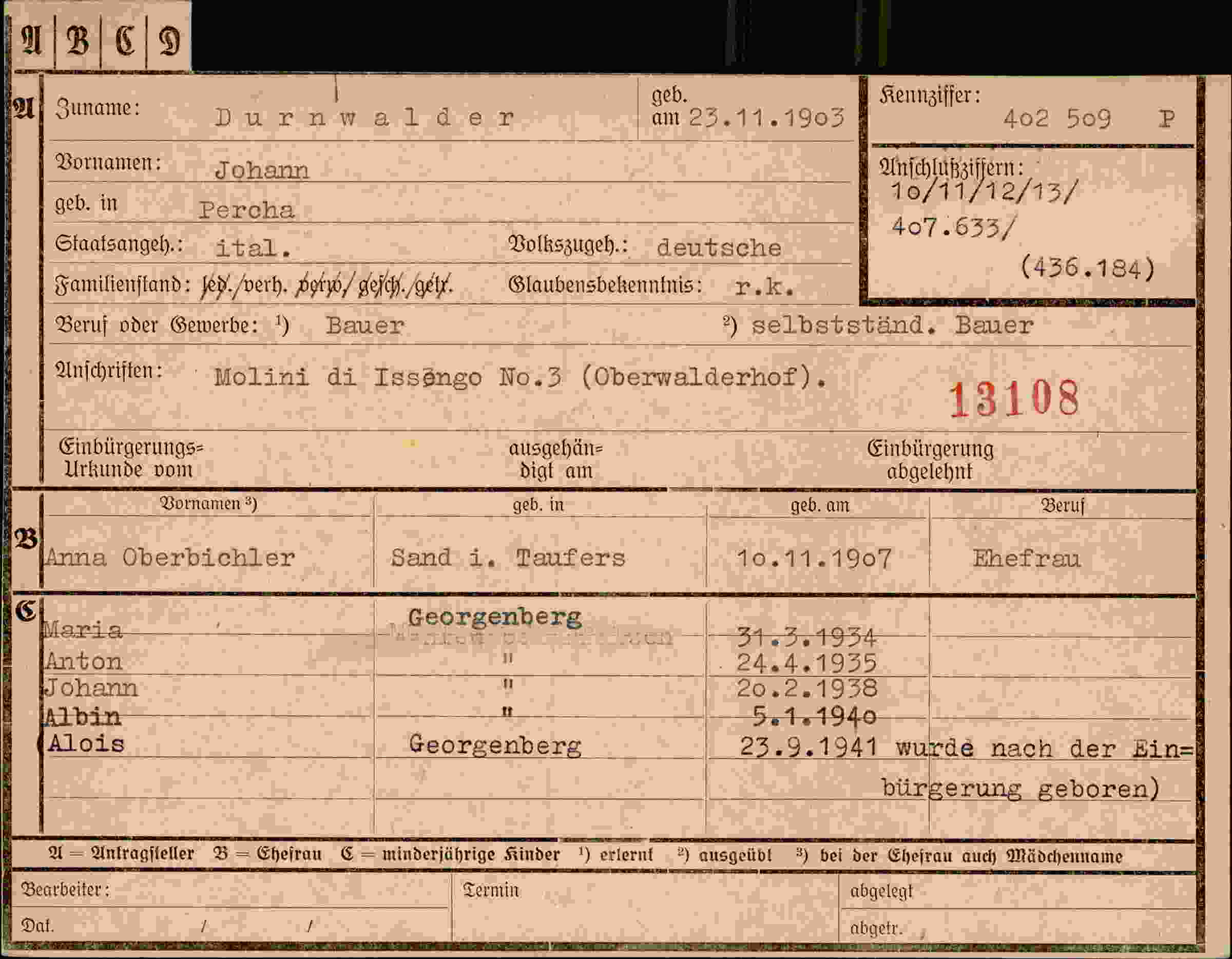 Dokument für Johann Durnwalder