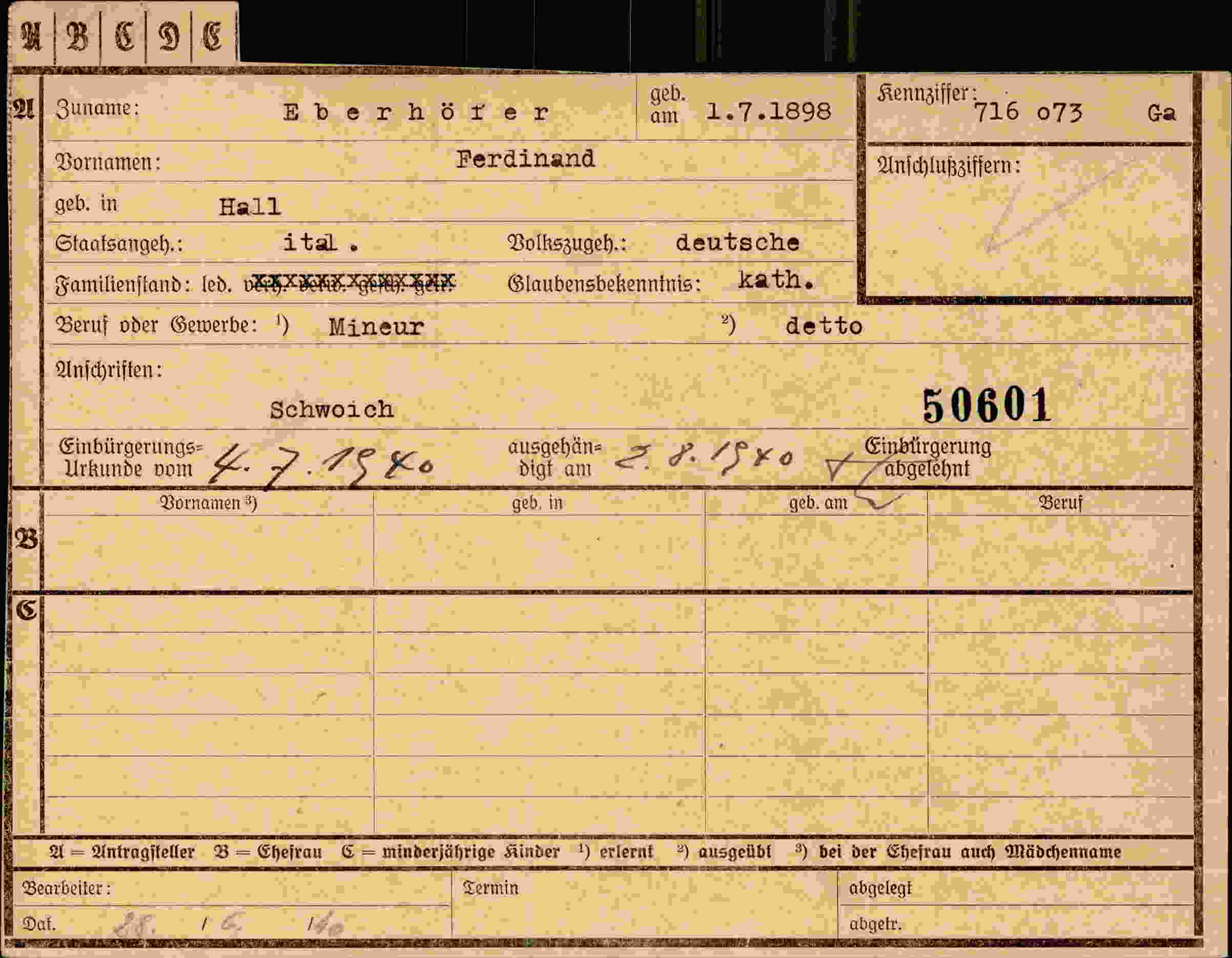 Dokument für Ferdinand Eberhöfer