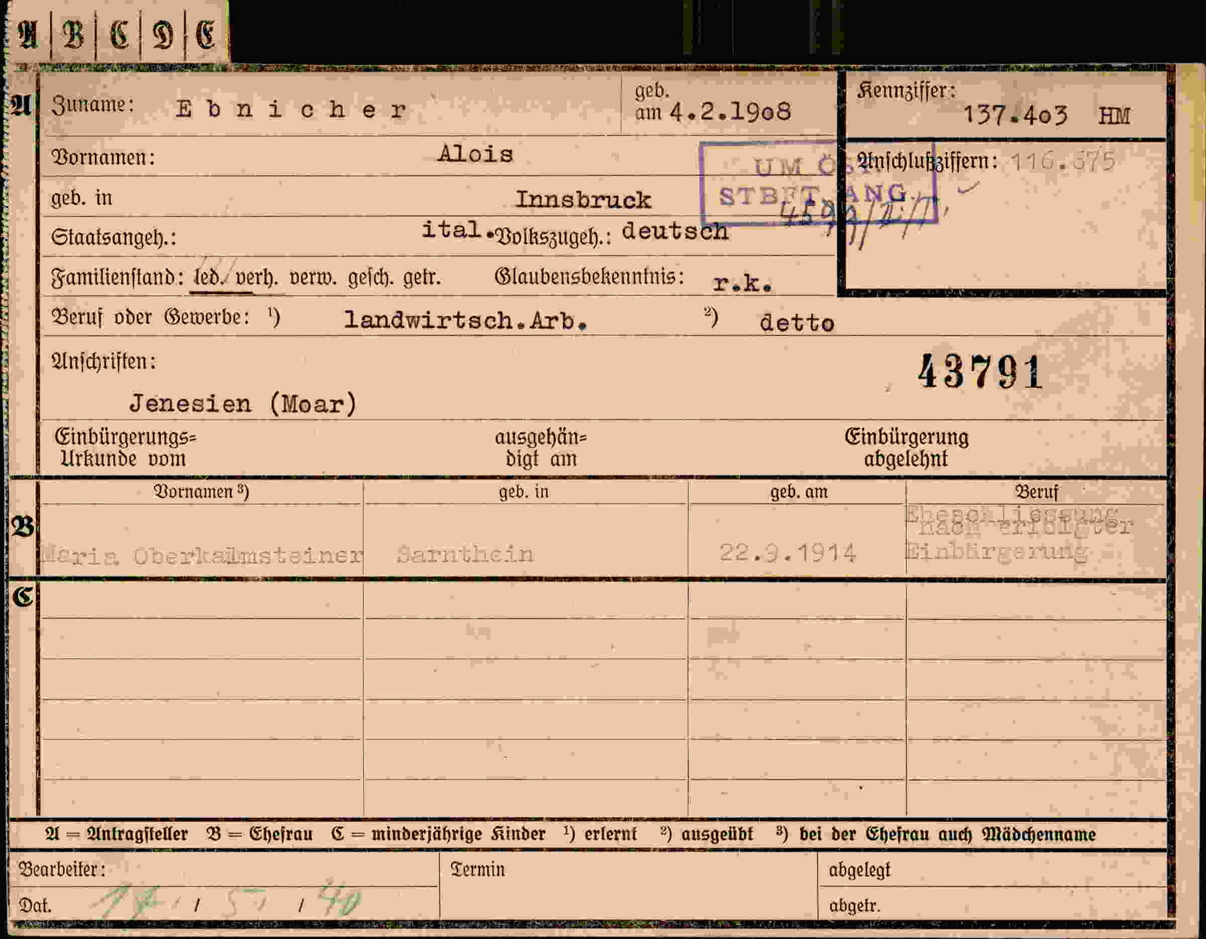 Dokument für Alois Eönicher