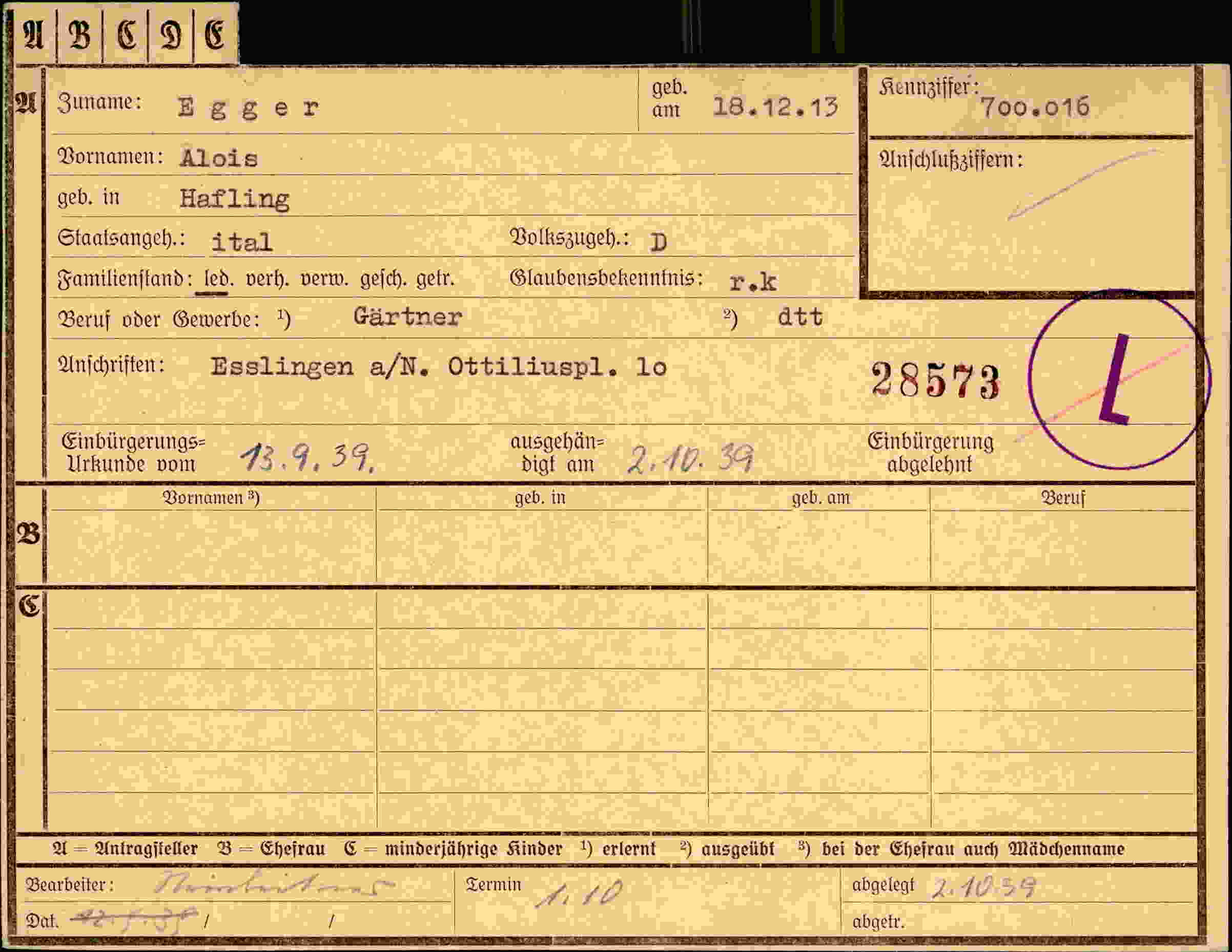 Dokument für Alois Egger
